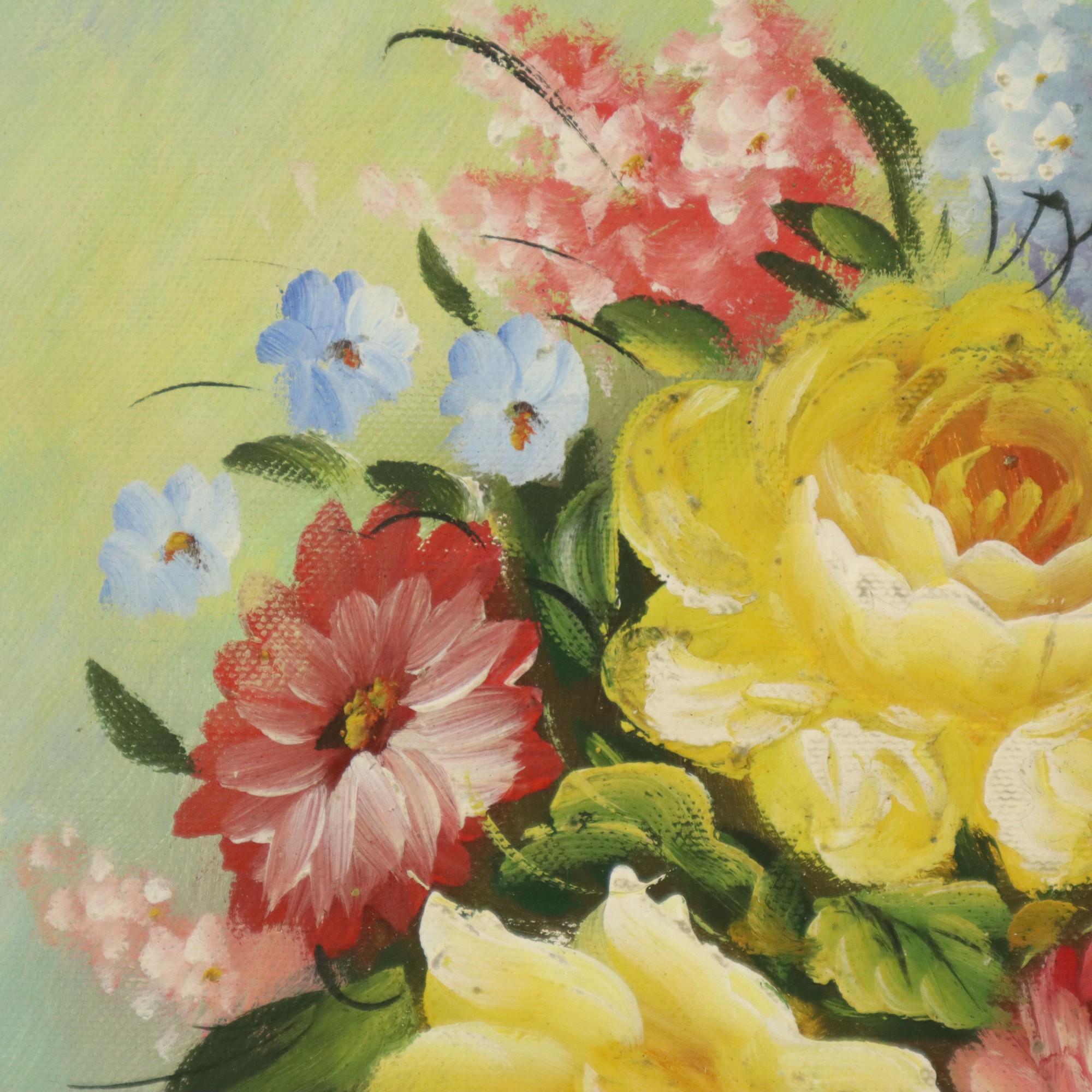 20th Century Flowers in Vase Still Life Painting Amateur Signed 27cm For Sale