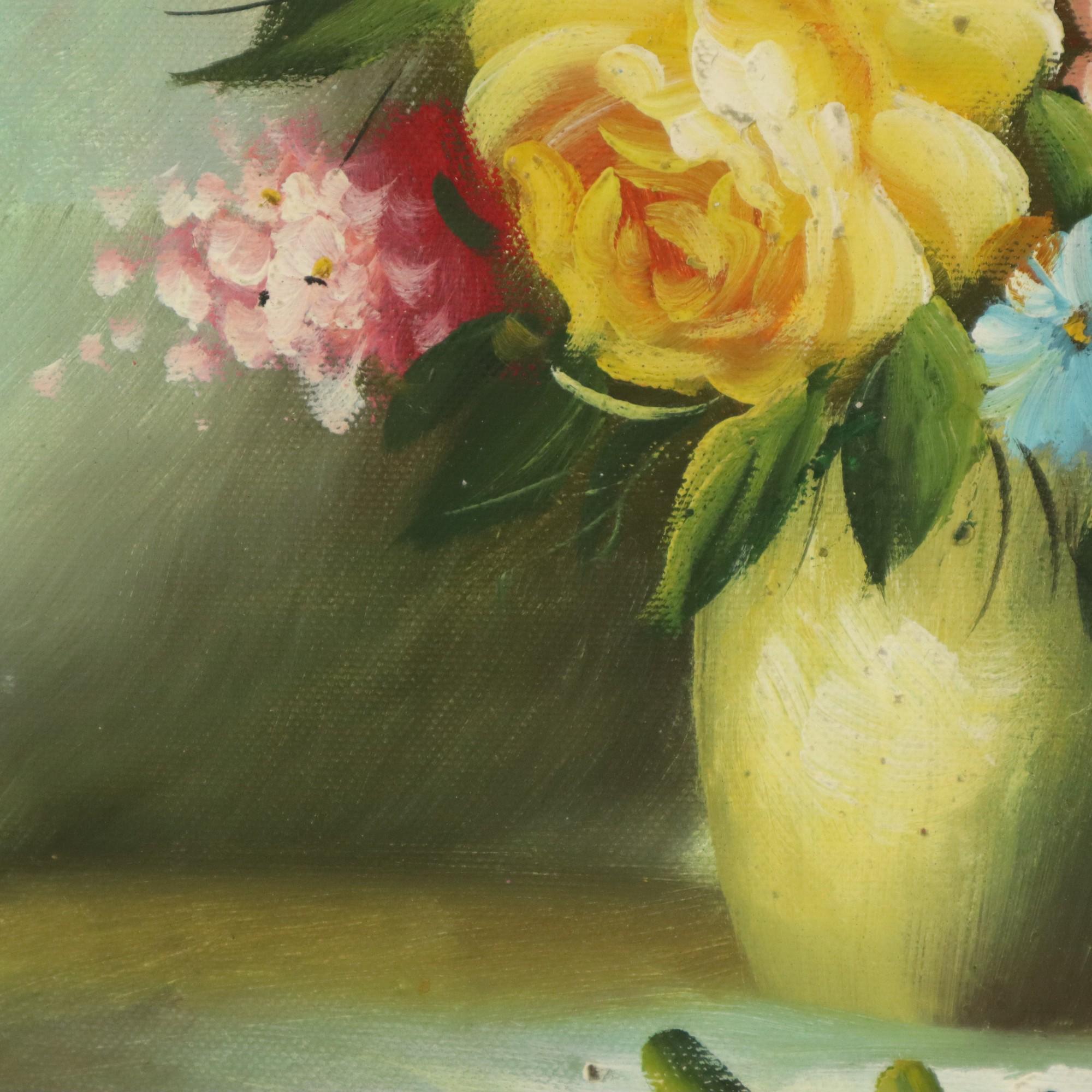 Canvas Flowers in Vase Still Life Painting Amateur Signed 27cm For Sale