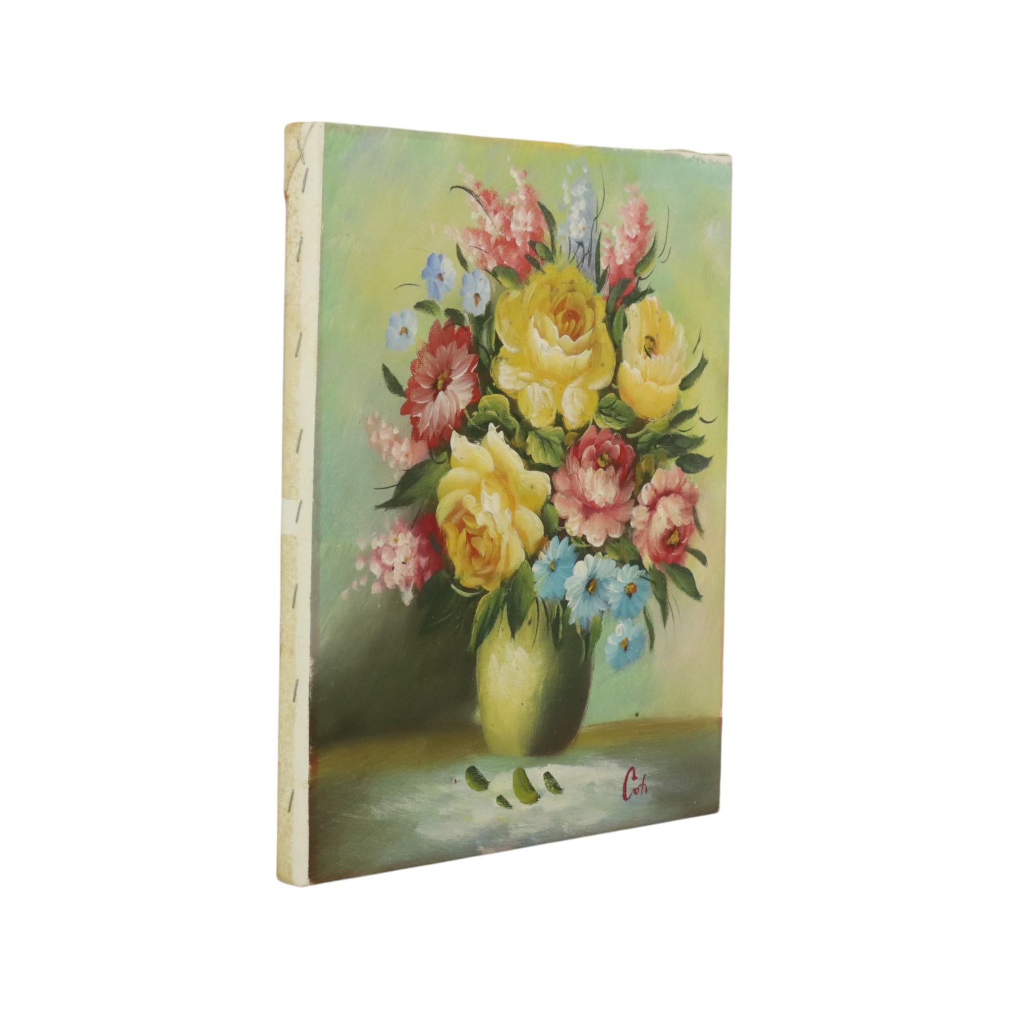 Flowers in Vase Still Life Painting Amateur Signed 27cm For Sale 1