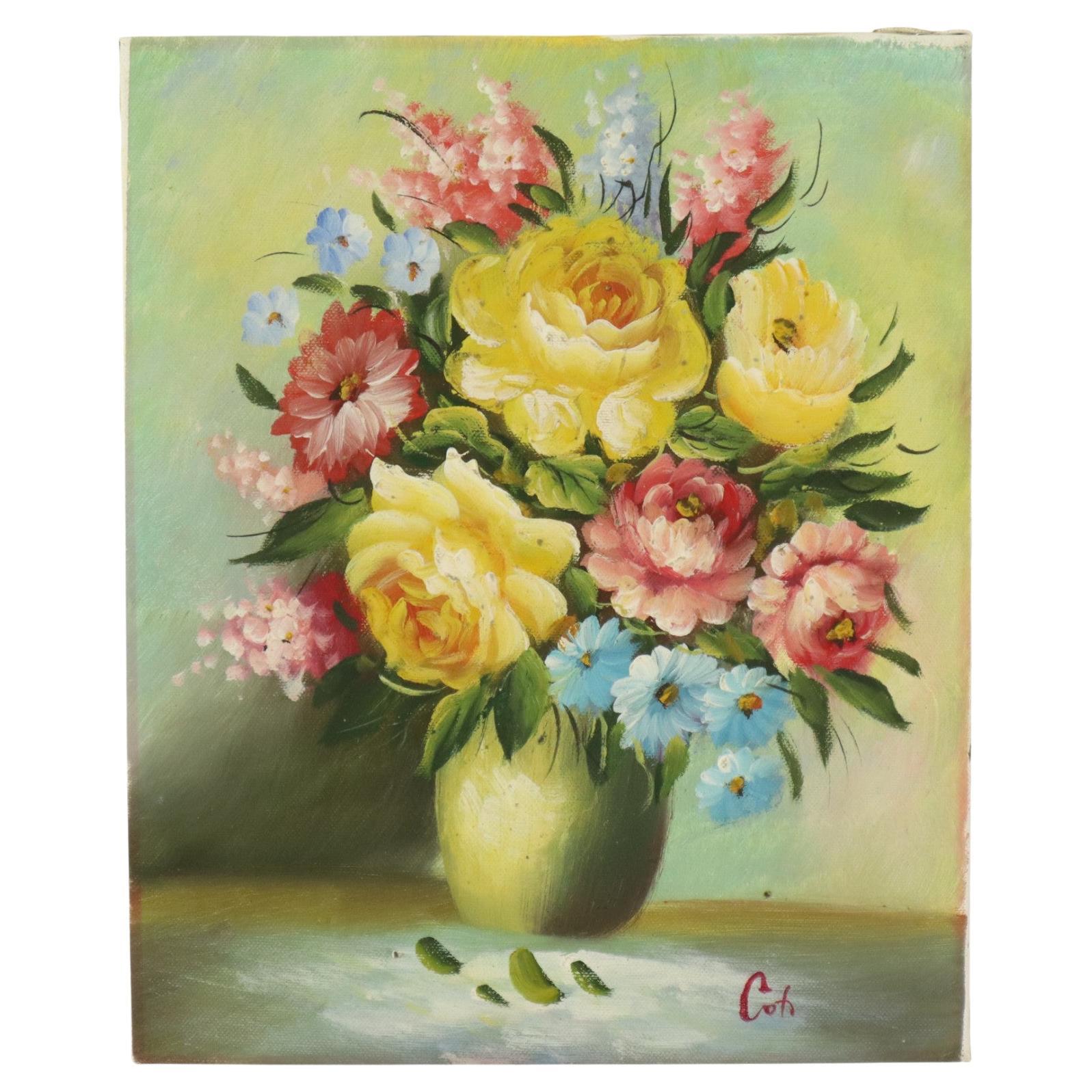Flowers in Vase Still Life Painting Amateur Signed 27cm