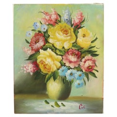 Flowers in Vase Still Life Painting Amateur Signed 27cm