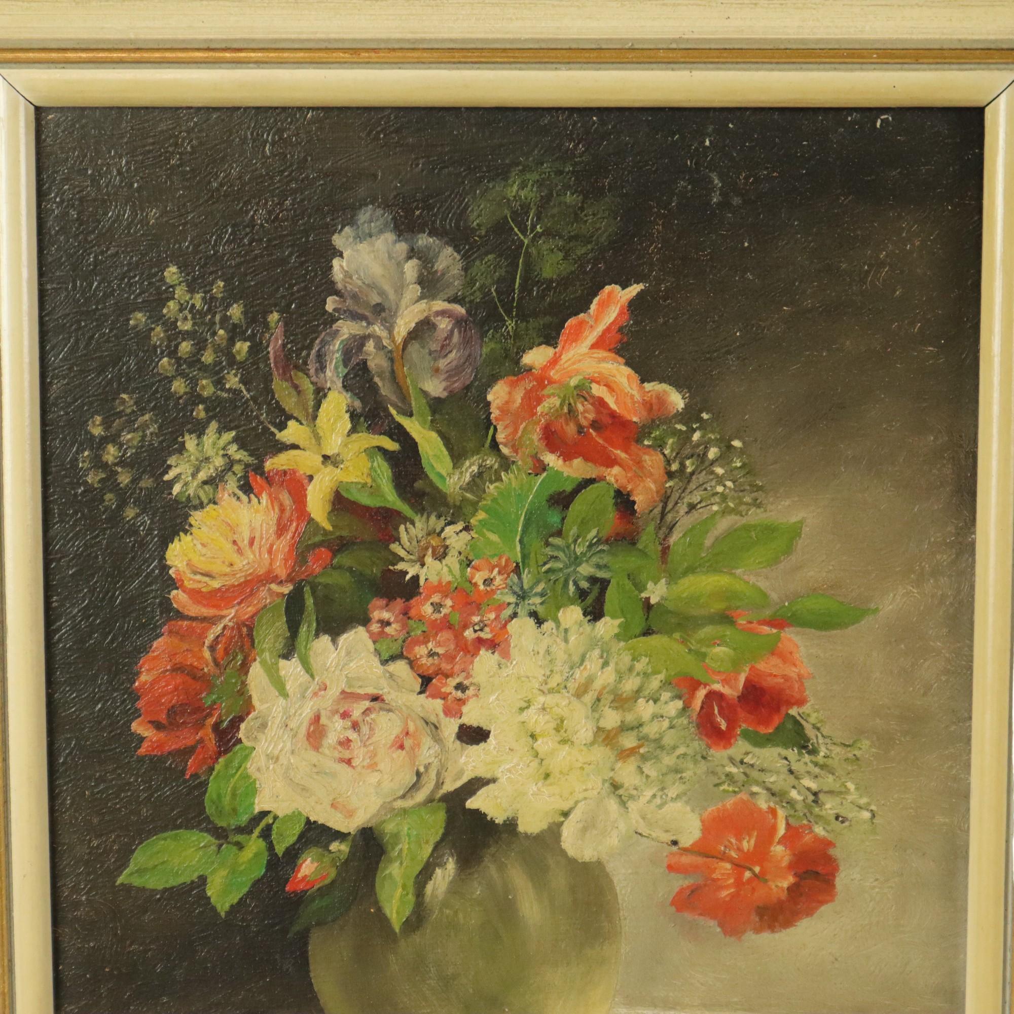 Vintage-Gemälde, Blumenstillleben in einer Vase, Öl auf Leinwand, gerahmt in einem cremefarbenen und goldenen Kiefernholzrahmen, rechts unten signiert Scheers Theo, um die Mitte des 20. Jahrhunderts.

Schöne und bunte Malerei, handgemalt von der