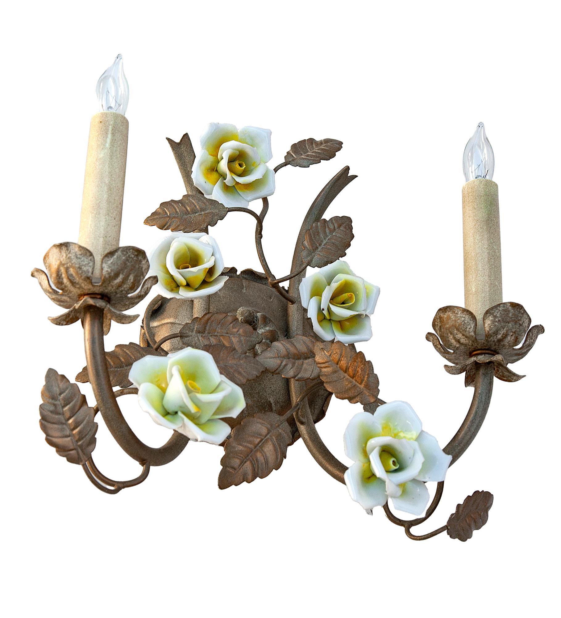 French Provincial Flowers & Leaf Embellished Electrified Wall Sconces, a pair For Sale