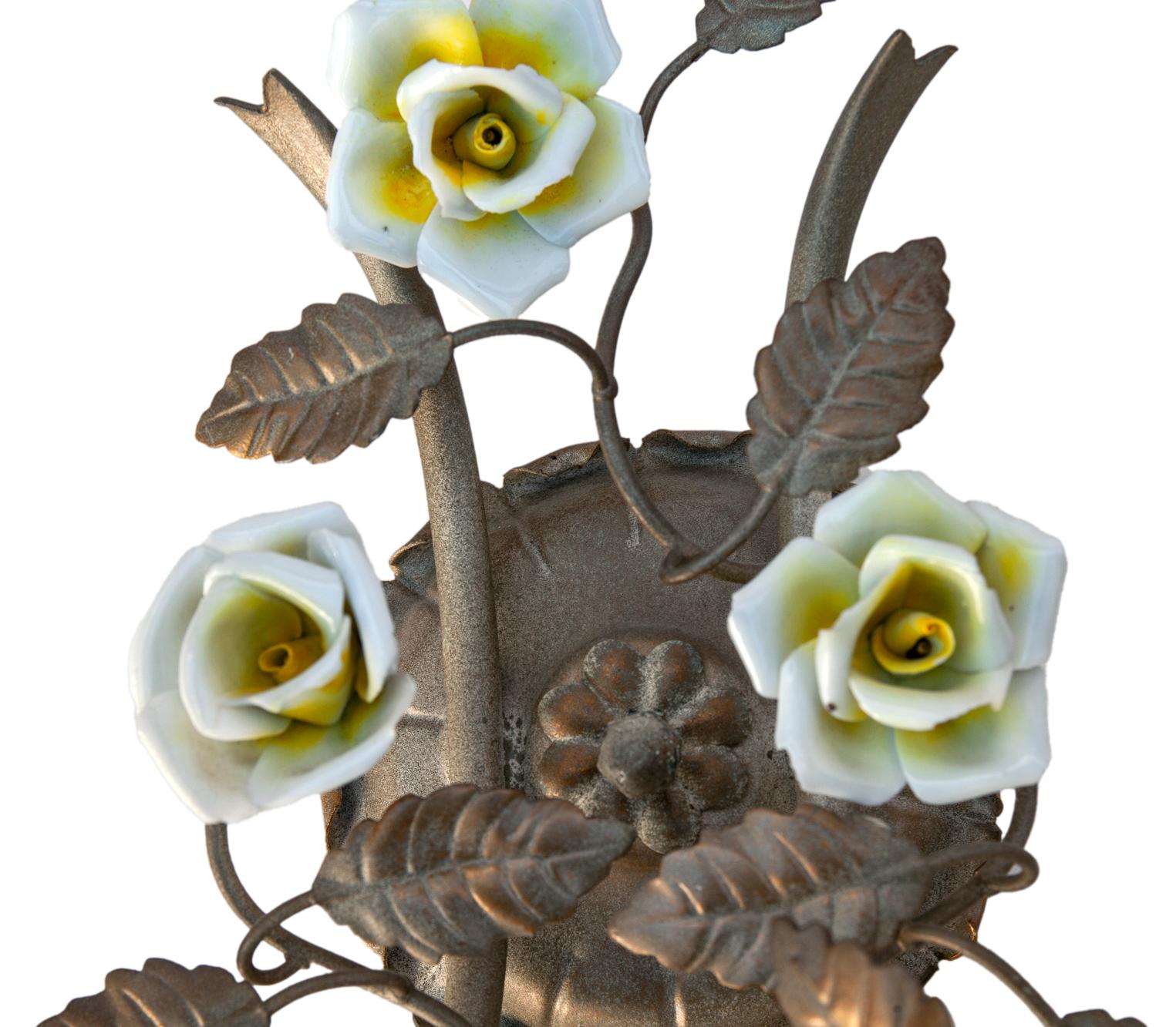 North American Flowers & Leaf Embellished Electrified Wall Sconces, a pair For Sale