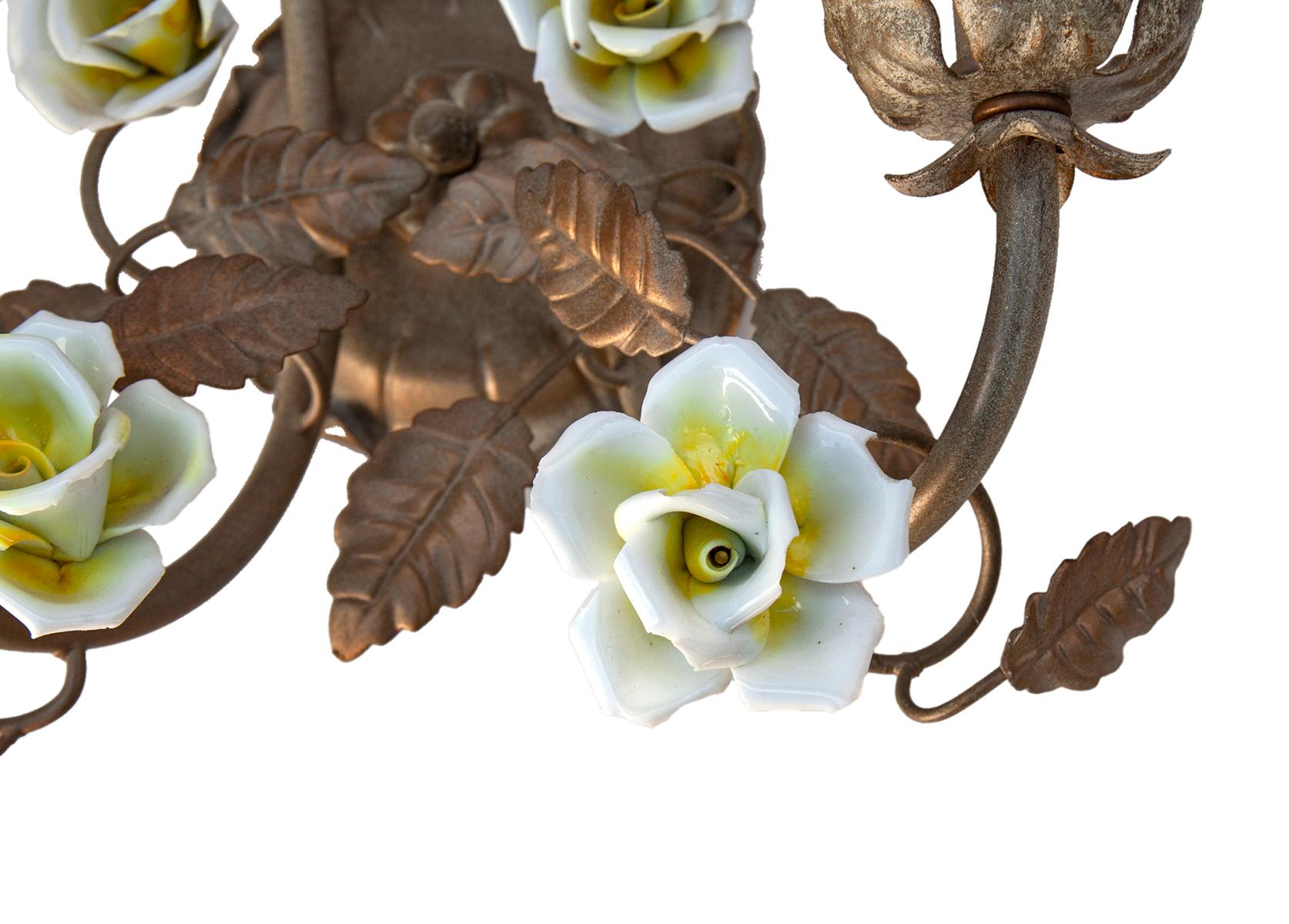 Hand-Crafted Flowers & Leaf Embellished Electrified Wall Sconces, a pair For Sale