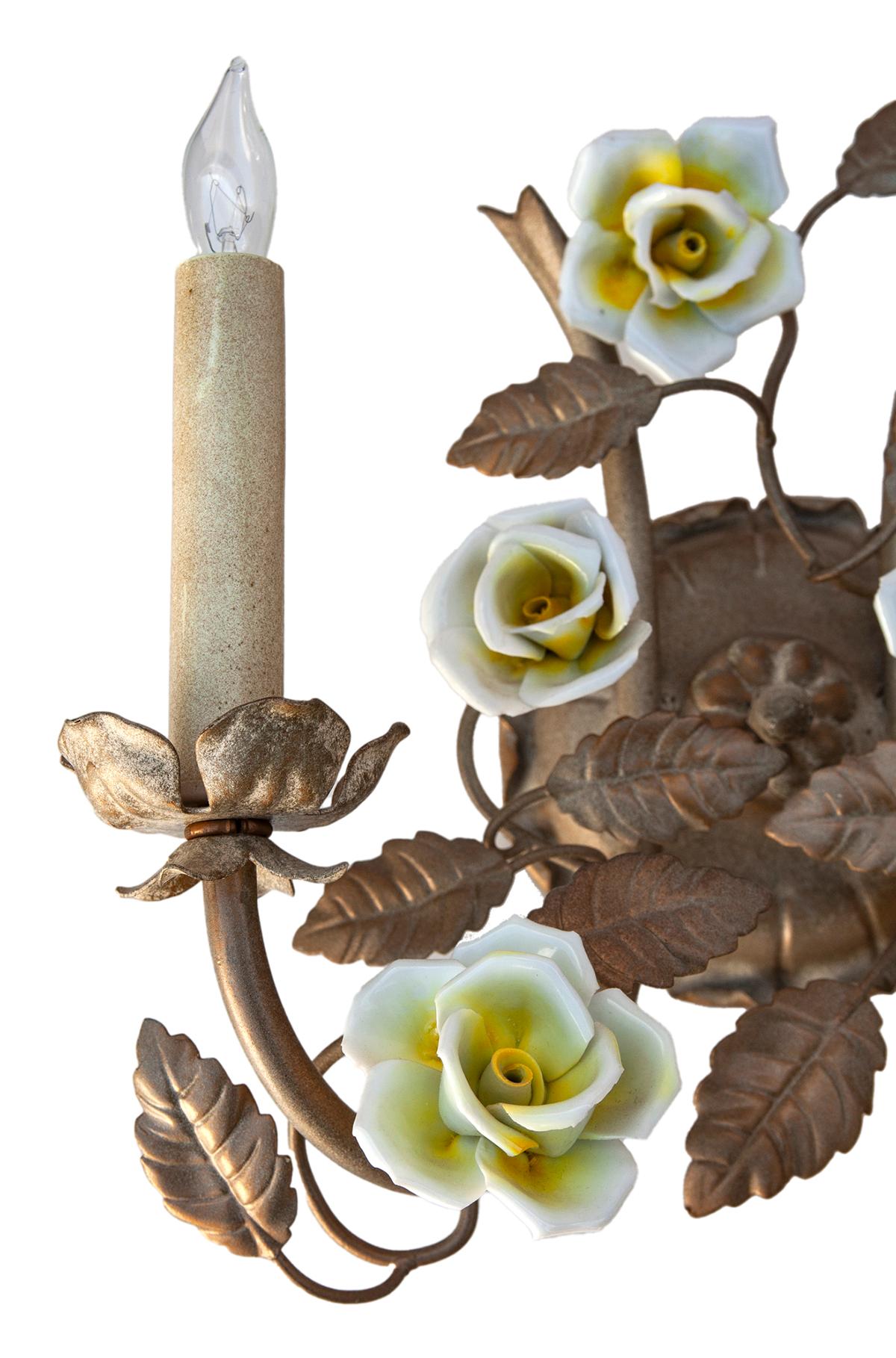 Flowers & Leaf Embellished Electrified Wall Sconces, a pair In Good Condition For Sale In Malibu, CA