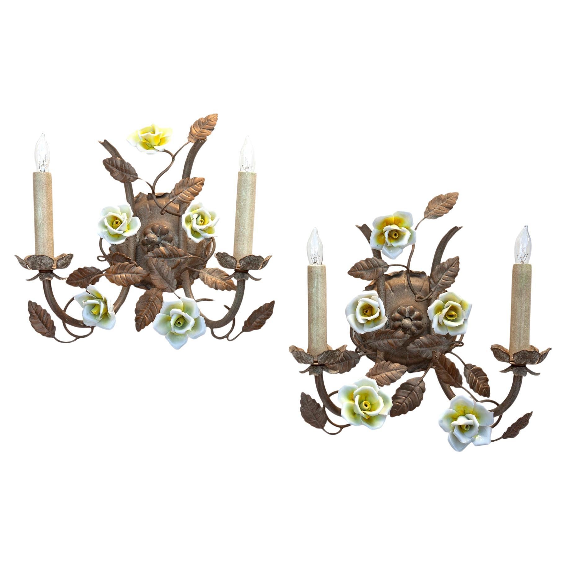 Flowers & Leaf Embellished Electrified Wall Sconces, a pair For Sale