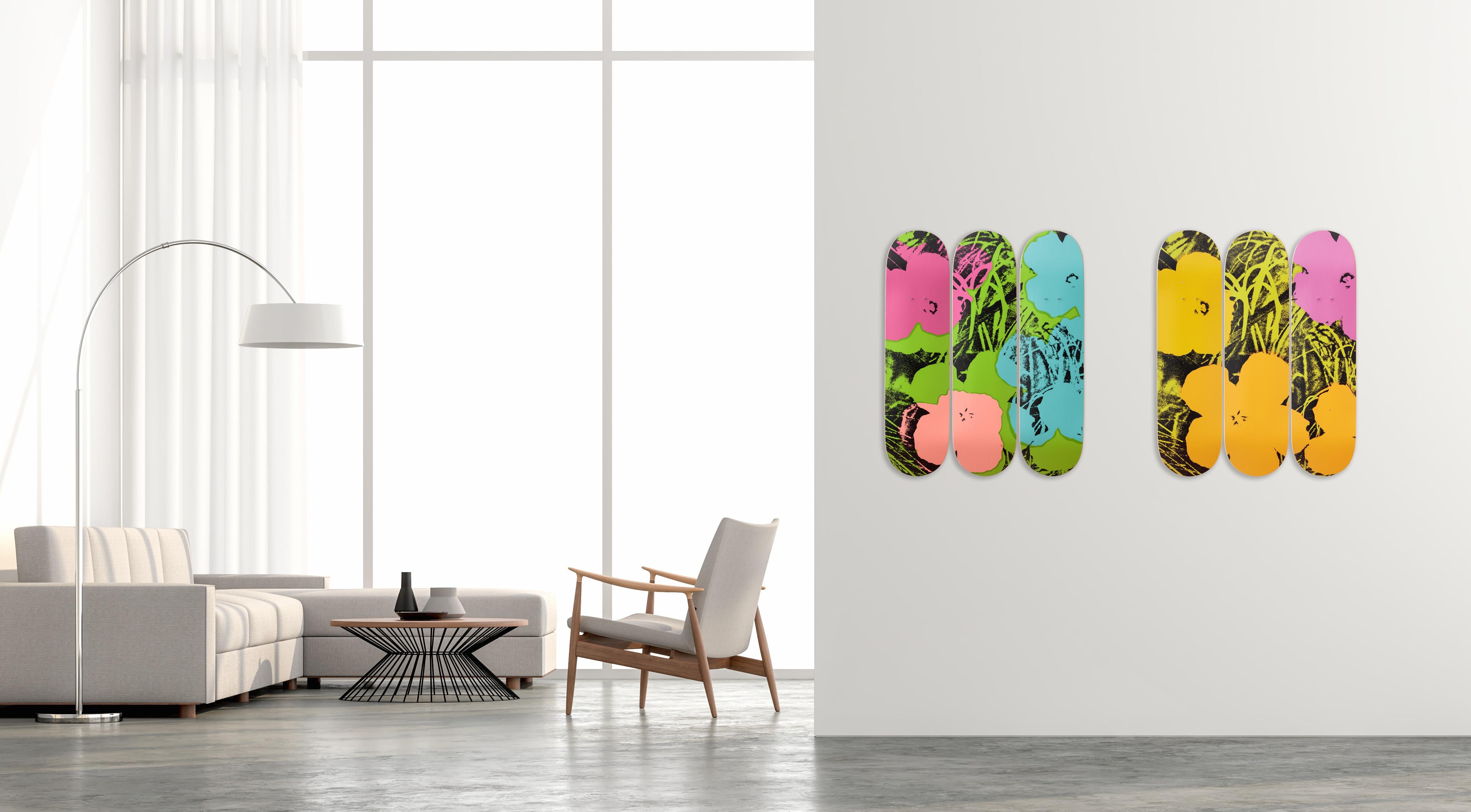 The Skateroom with the Andy Warhol Foundation
set of three-skateboard decks
7-ply Canadian Maplewood with screenprint
Measures: Each: 31 height x 8 inches
approx. 31 height x 24 inches when installed
mounting hardware included
edition of 500