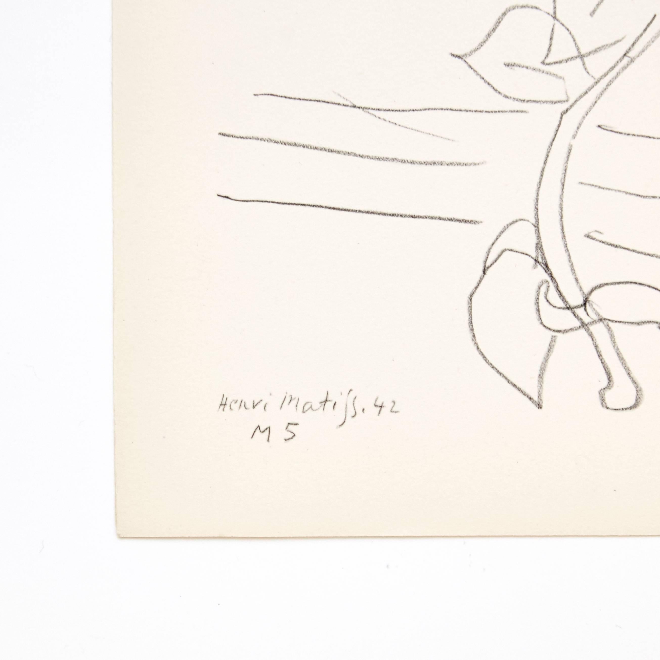 Lithograph / plate from the book Dessins: Themes et Variations.
Edited by Martin Fabiani (Paris) in 1943.

In good original condition.

Henri Matisse (1869-1954) was a French artist, known for both his use of color and his fluid and original