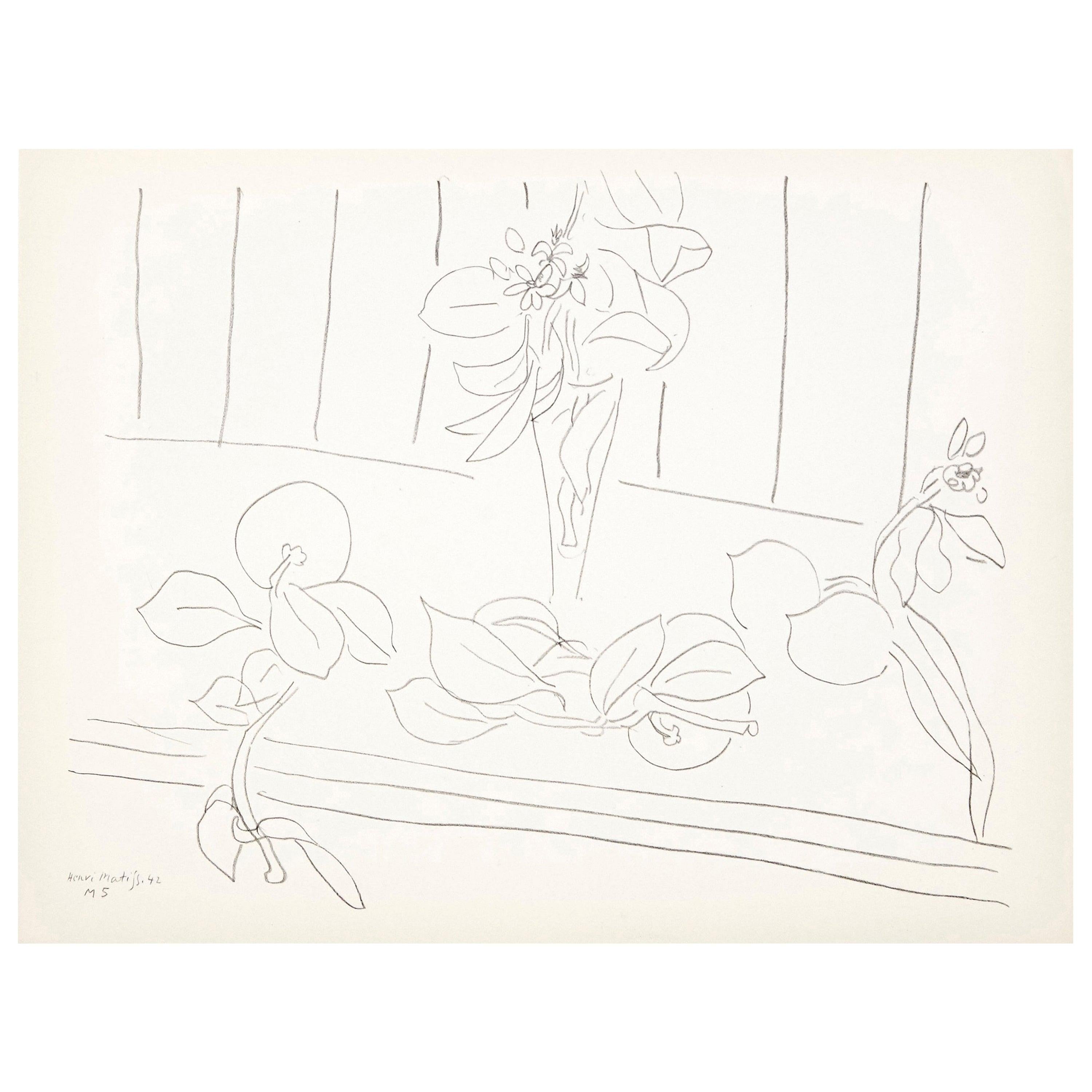 Flowers Lithograph in Paper after Original Matisse Drawing