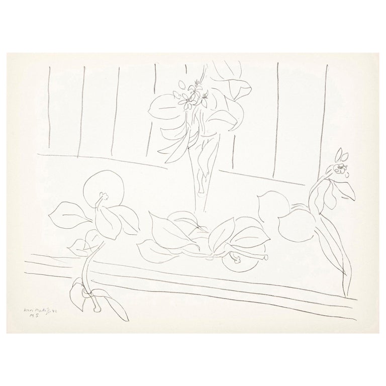 Flowers Lithograph in Paper after Original Matisse Drawing For Sale