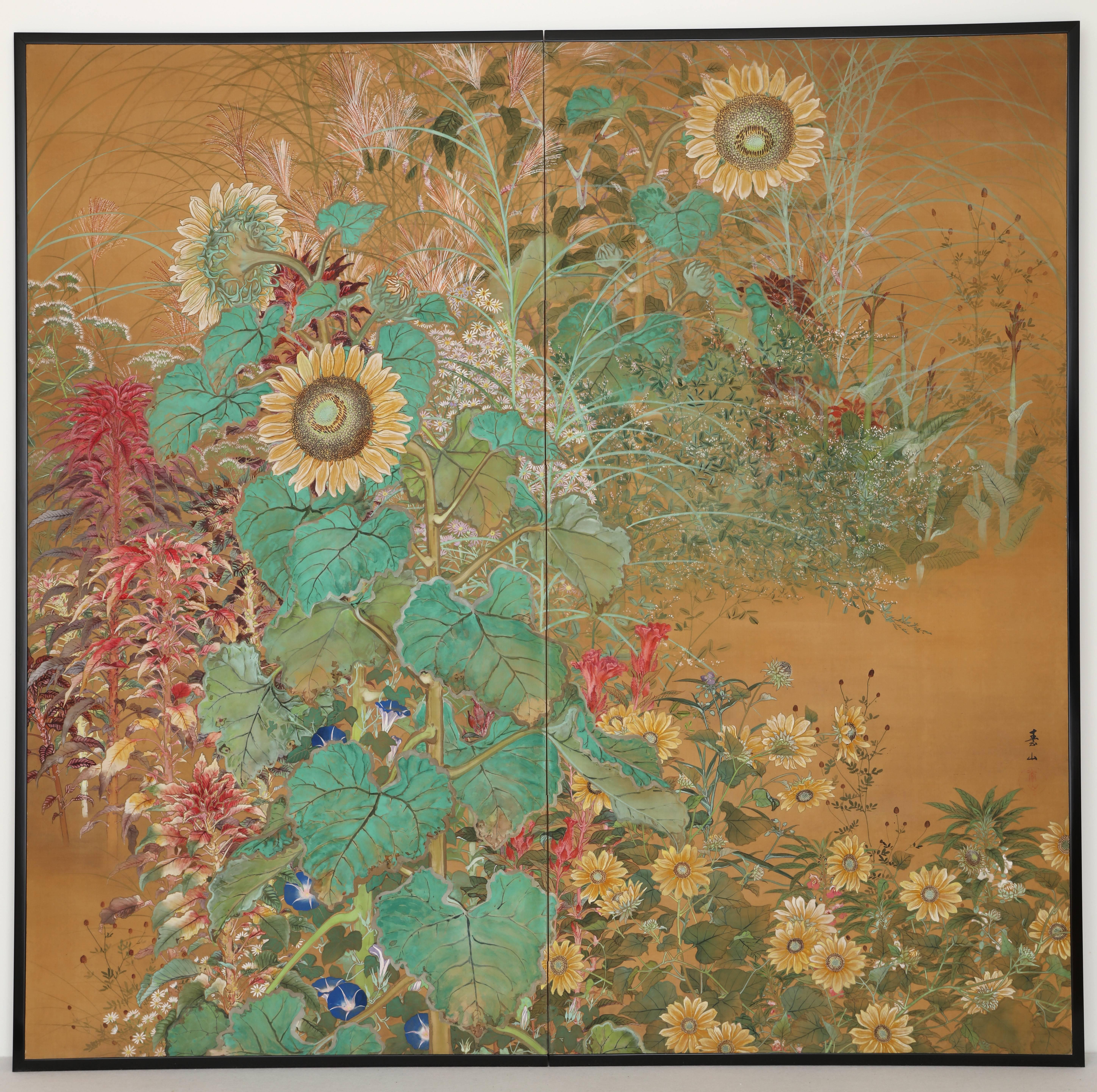 Two-panel folding screen. Mineral colors and gofun (powdered white shell) on silk. Various summer flowers. Signed Sozan, and red artist's seal, reading Sozan.
Sozan was active early-mid 20th century