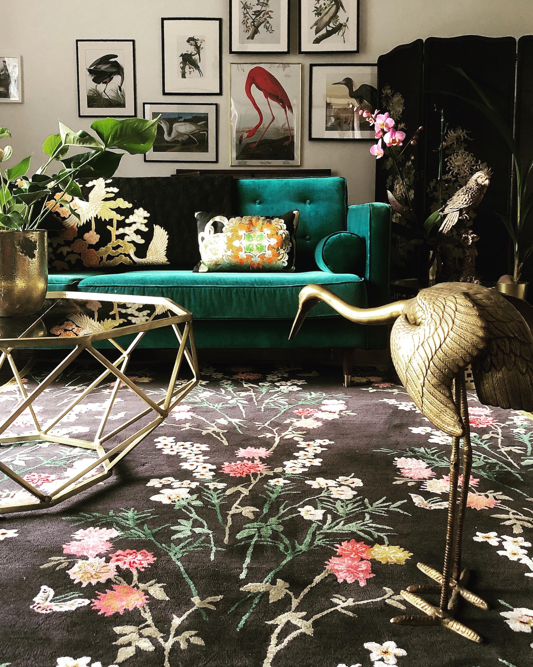 Chinoiserie Flowers of Virtue Graphite, Hand Tufted Wool and Viscose Rug by Wendy Morrison For Sale