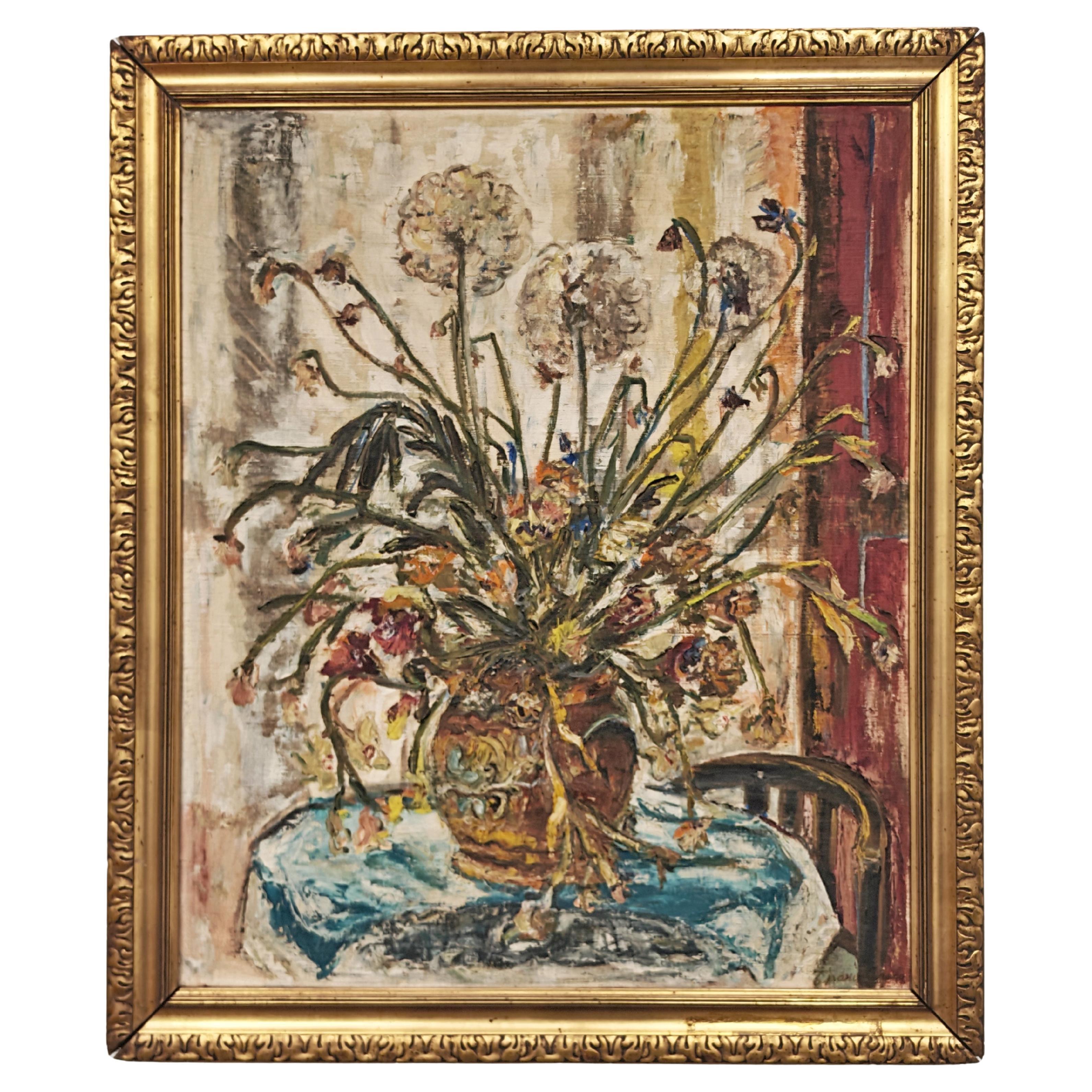 "Blumen", Öl auf Leinwand von Branislava Modelska- Jovanovic, Jugoslawien 1963