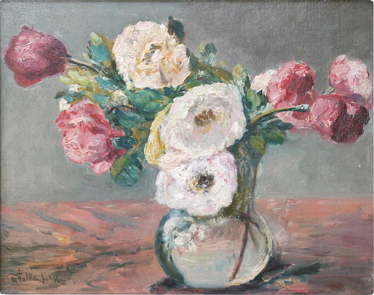 Falkenberg, Richard (1875-1948), Peonies

Measures: 40 cm x 52 cm (frame excluded).
15.7in x 19.7in (frame excluded), oil on canvas, restorations.

White, pink and red peonies contained in a glass vase, 1920s.
 