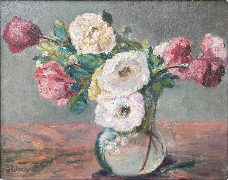 Falkenberg, Richard (1875-1948), Peonies

Measures: 40 cm x 52 cm (frame excluded).
15.7in x 19.7in (frame excluded), oil on canvas, restorations.

White, pink and red peonies contained in a glass vase, 1920s.
 