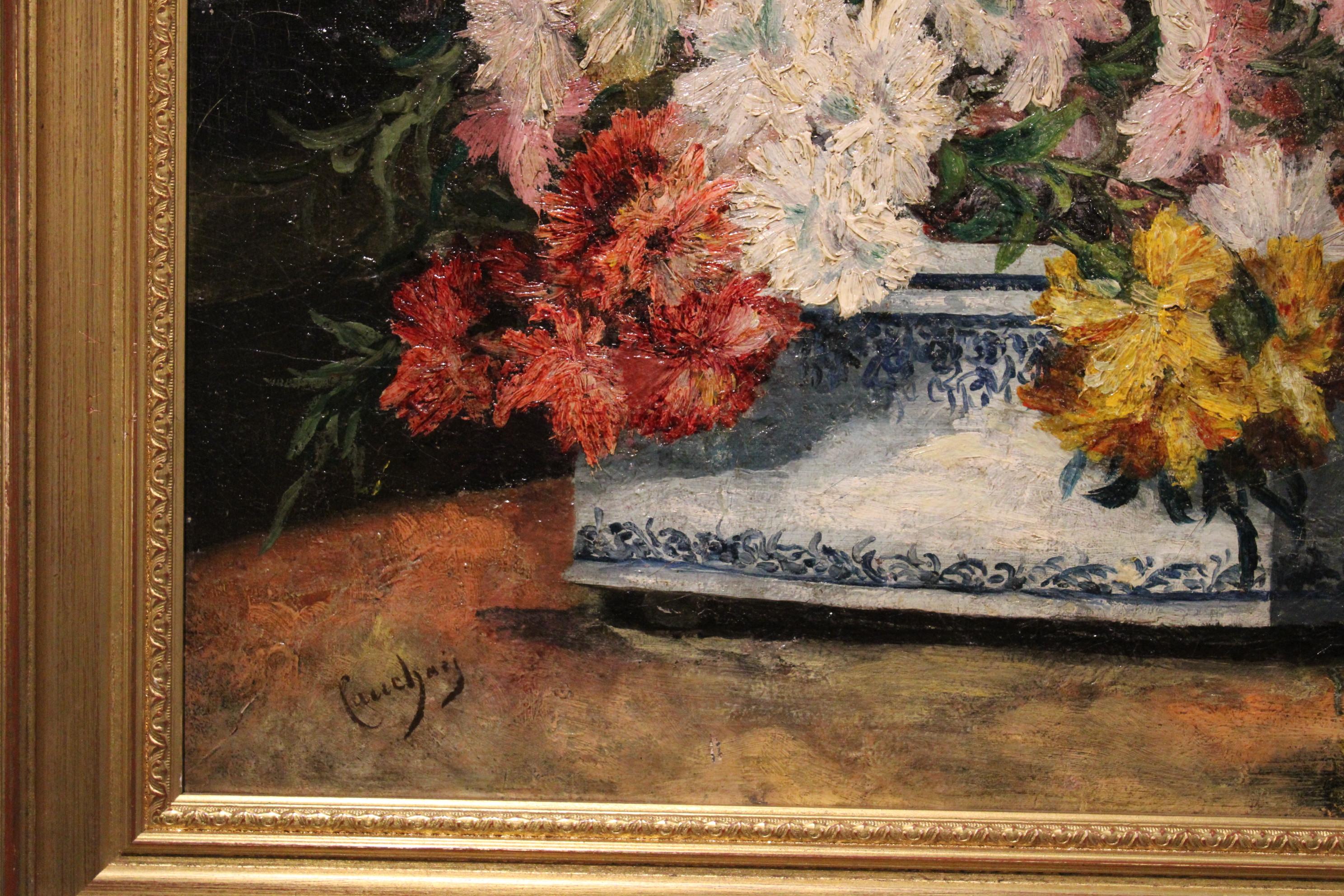 19th Century Flowers Painting by Henri Cauchois For Sale