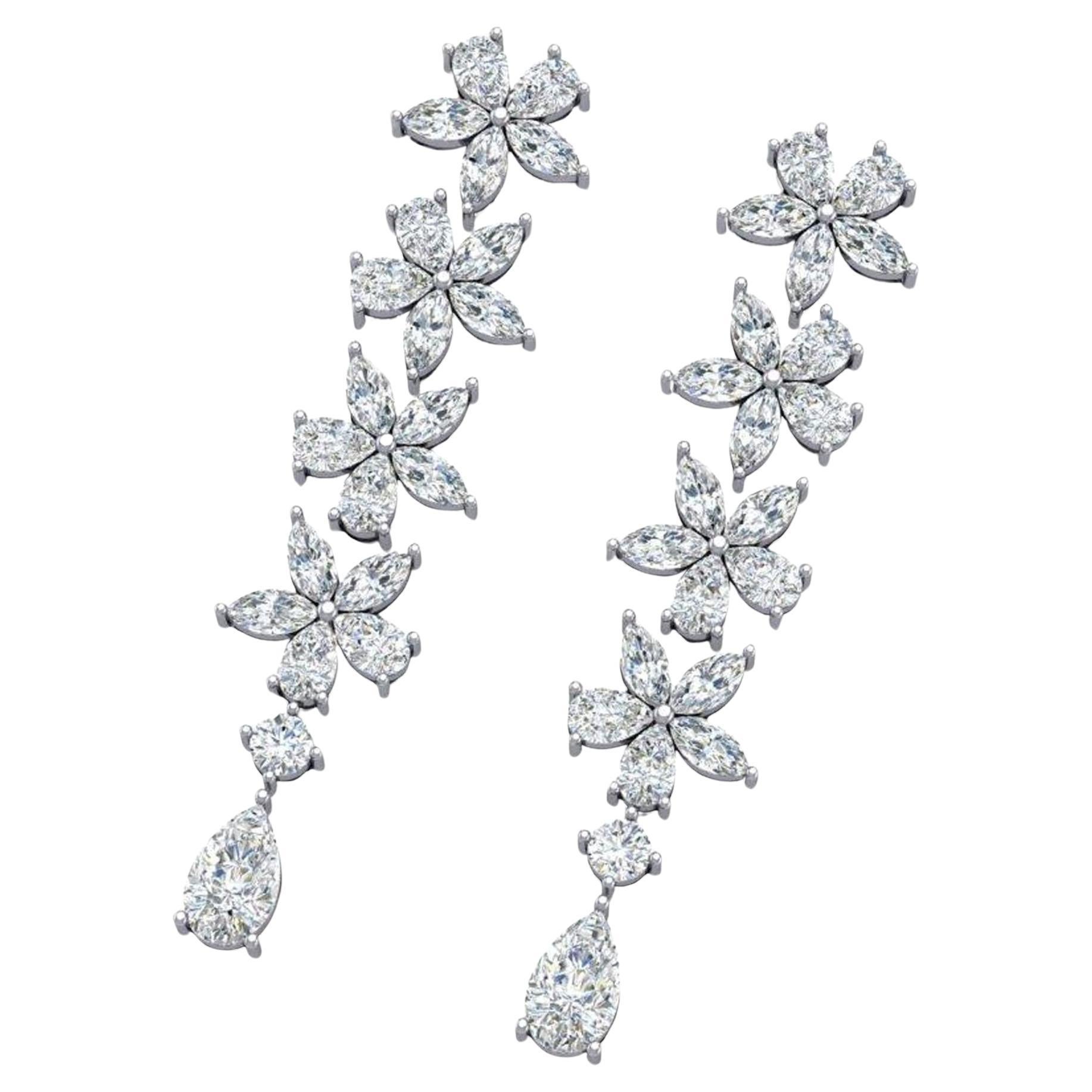 Boucles d'oreilles pendantes en or blanc 18K avec pétales de fleurs et diamants