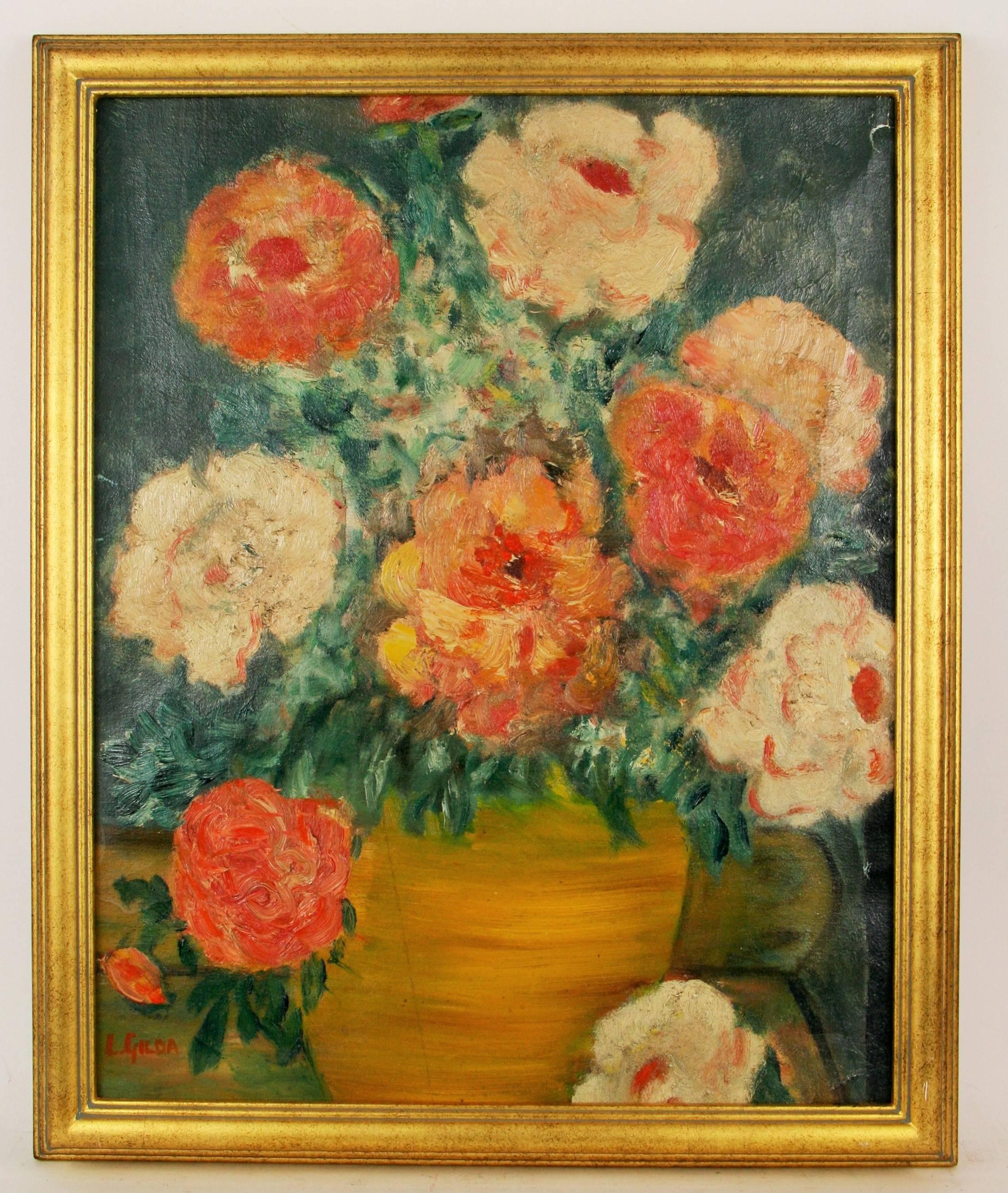 #5-2736b an Impressionistic style flowers still life, original oil on artist board, signed lower left by L.Gilda. Displayed in a wood gilt frame. Image size: 19.5 H x 15.5 W.