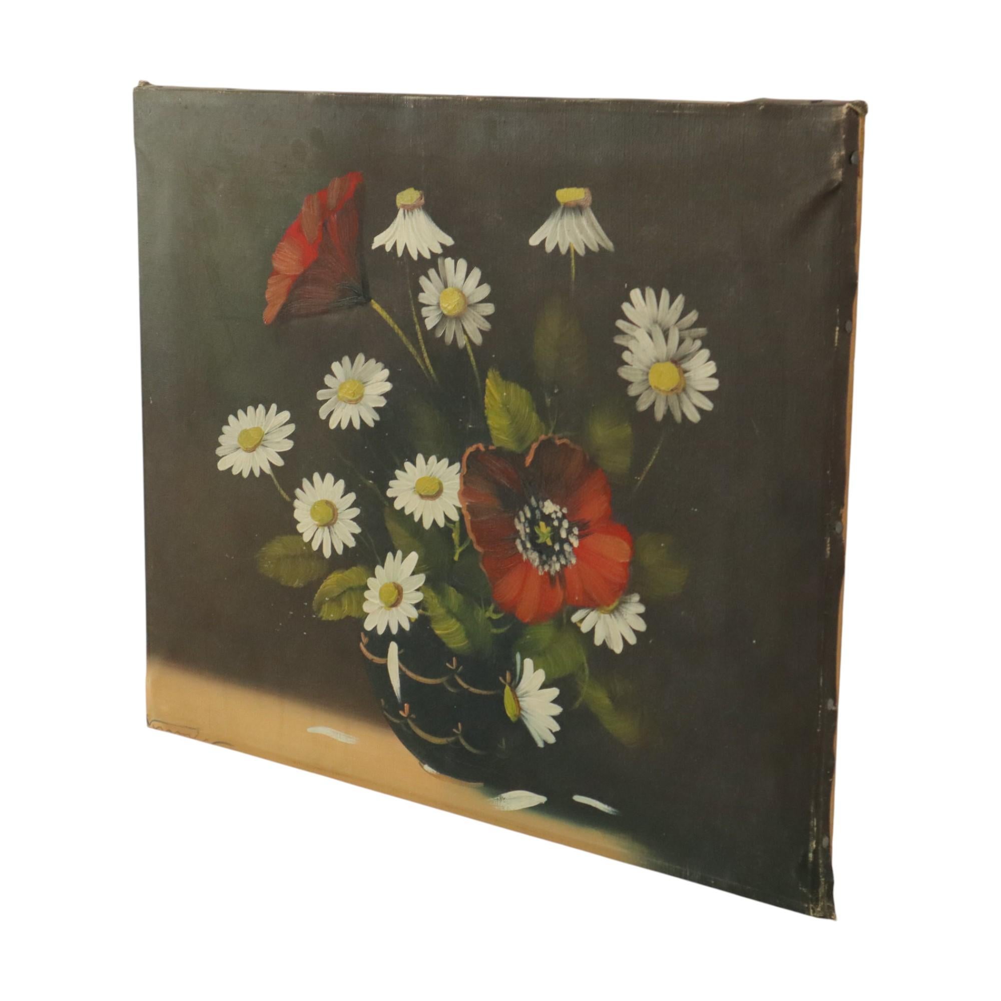 Flowers Still Life Painting Daisies Poppy Signed 47x38cm For Sale 3