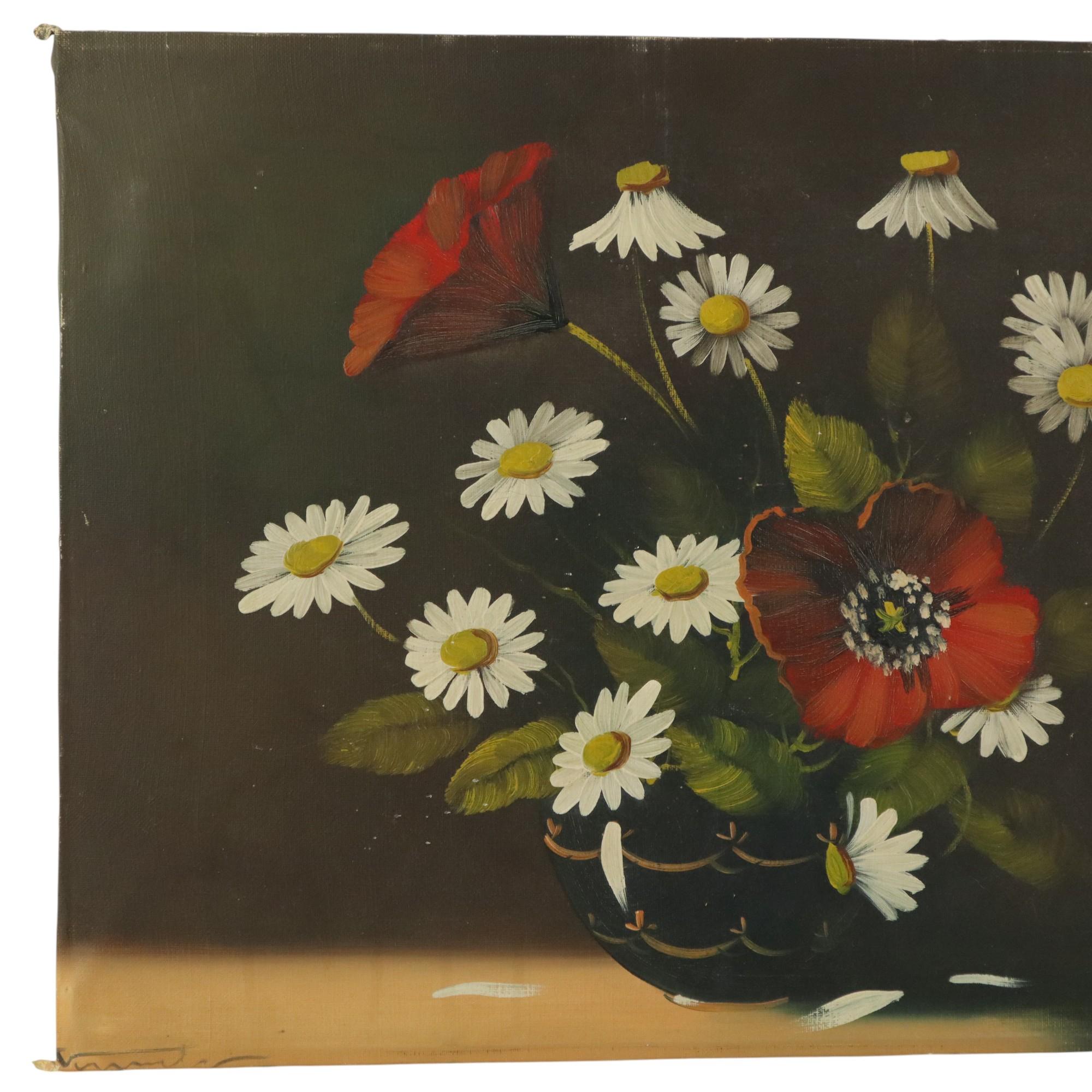 Beautiful flower still life, painting of daisies and poppies in a round vase with wavy patterns, painted in a classical style, signed lower left, circa mid-20th century. After a work by Johannes Hendricus Schaap.

Charming, decorative and affordable