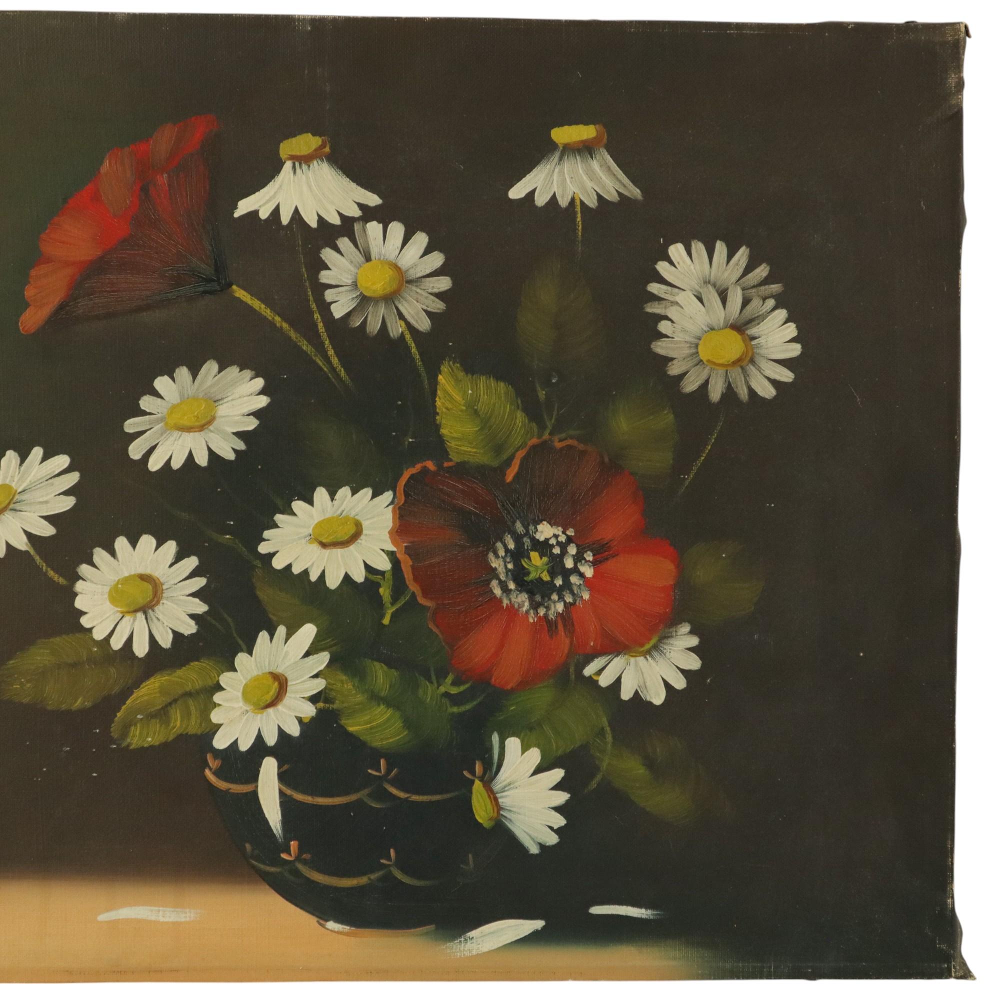 Art Nouveau Flowers Still Life Painting Daisies Poppy Signed 47x38cm For Sale