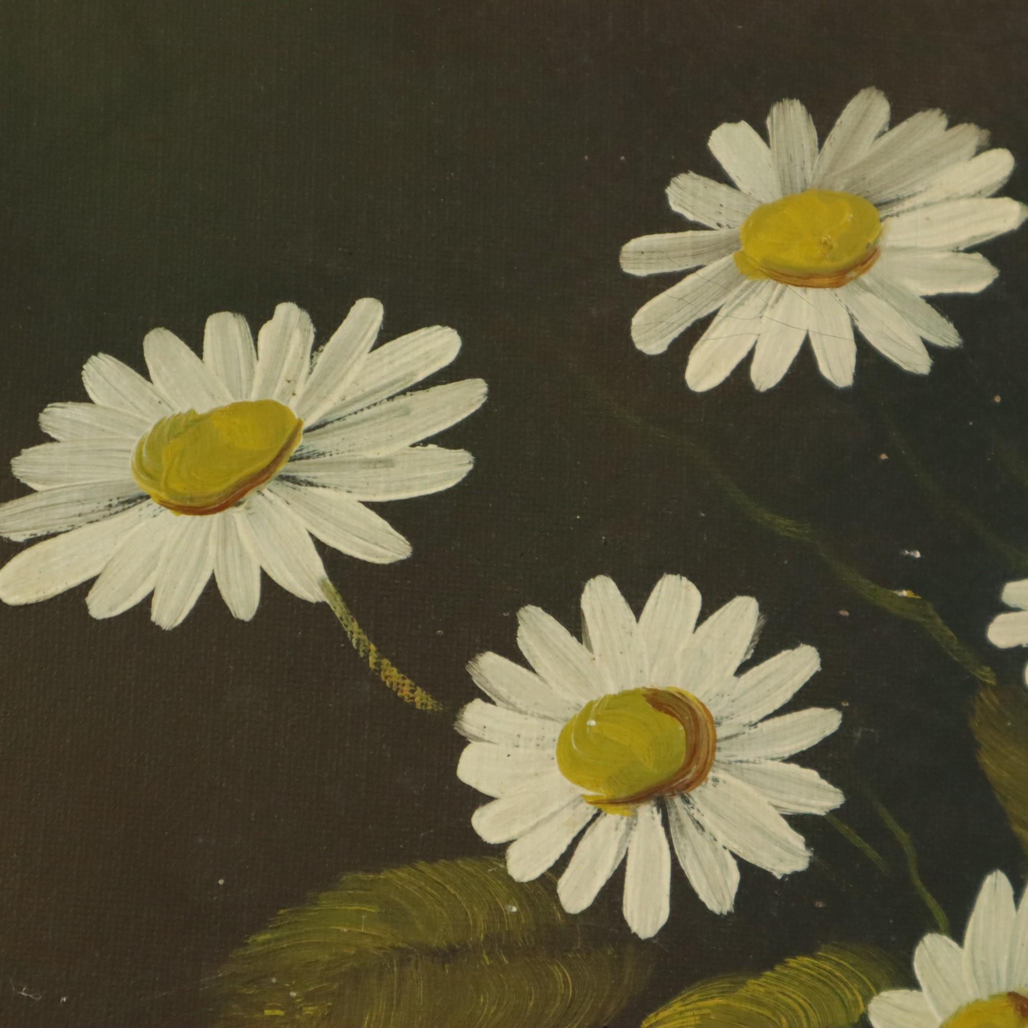 Hand-Painted Flowers Still Life Painting Daisies Poppy Signed 47x38cm For Sale