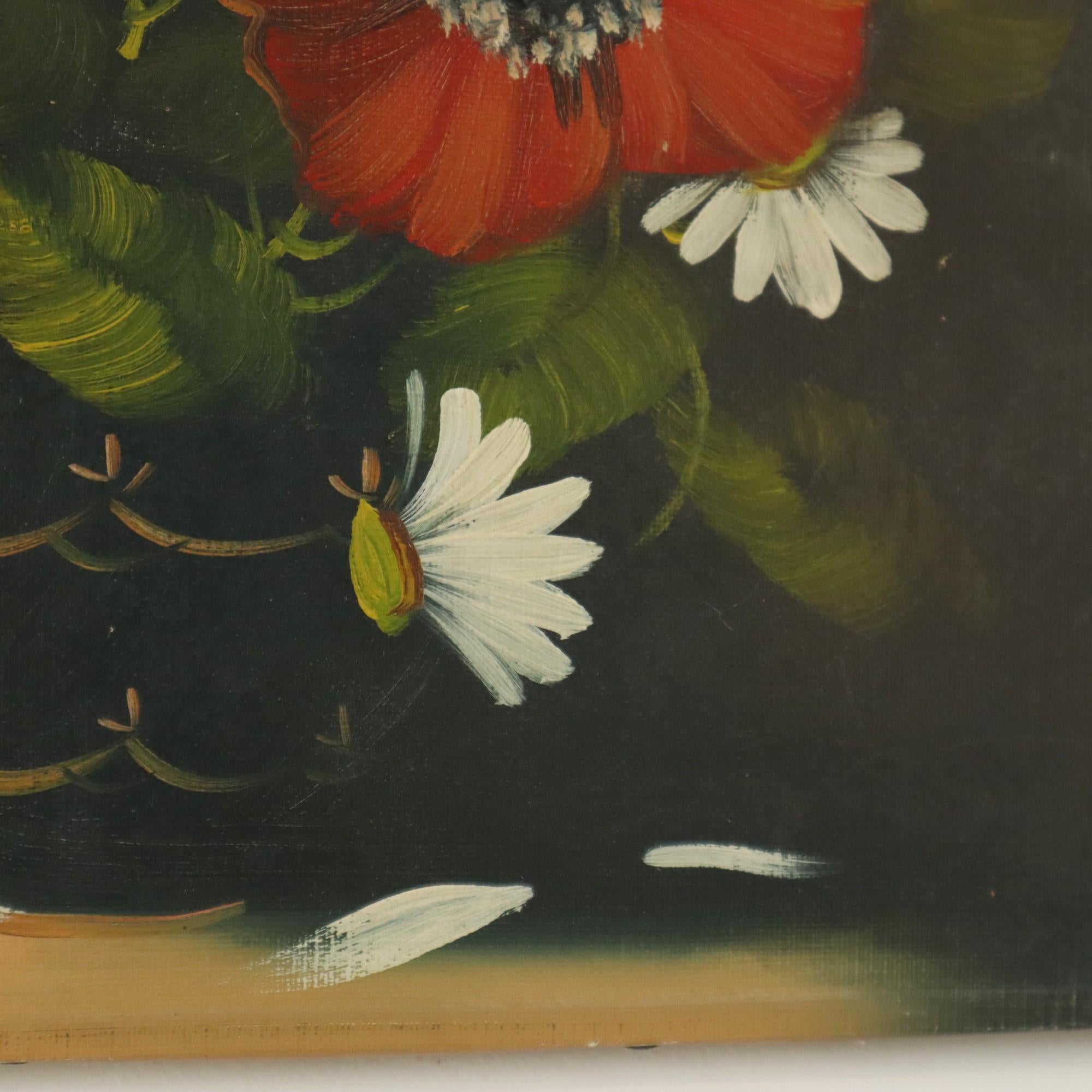 20th Century Flowers Still Life Painting Daisies Poppy Signed 47x38cm For Sale
