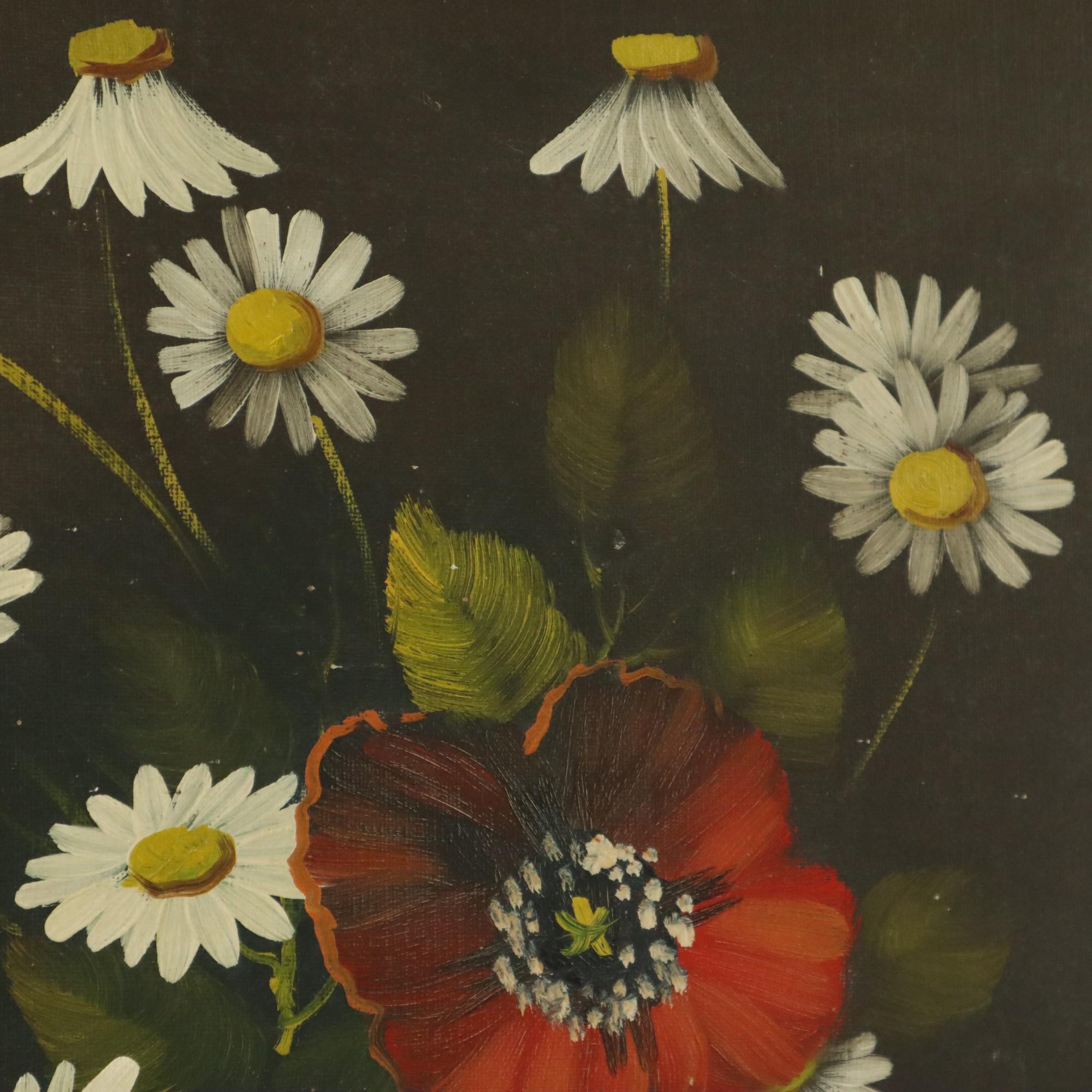 Canvas Flowers Still Life Painting Daisies Poppy Signed 47x38cm For Sale