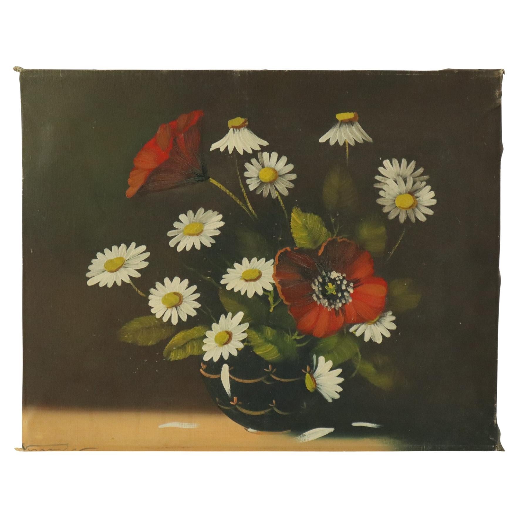 Flowers Still Life Painting Daisies Poppy Signed 47x38cm