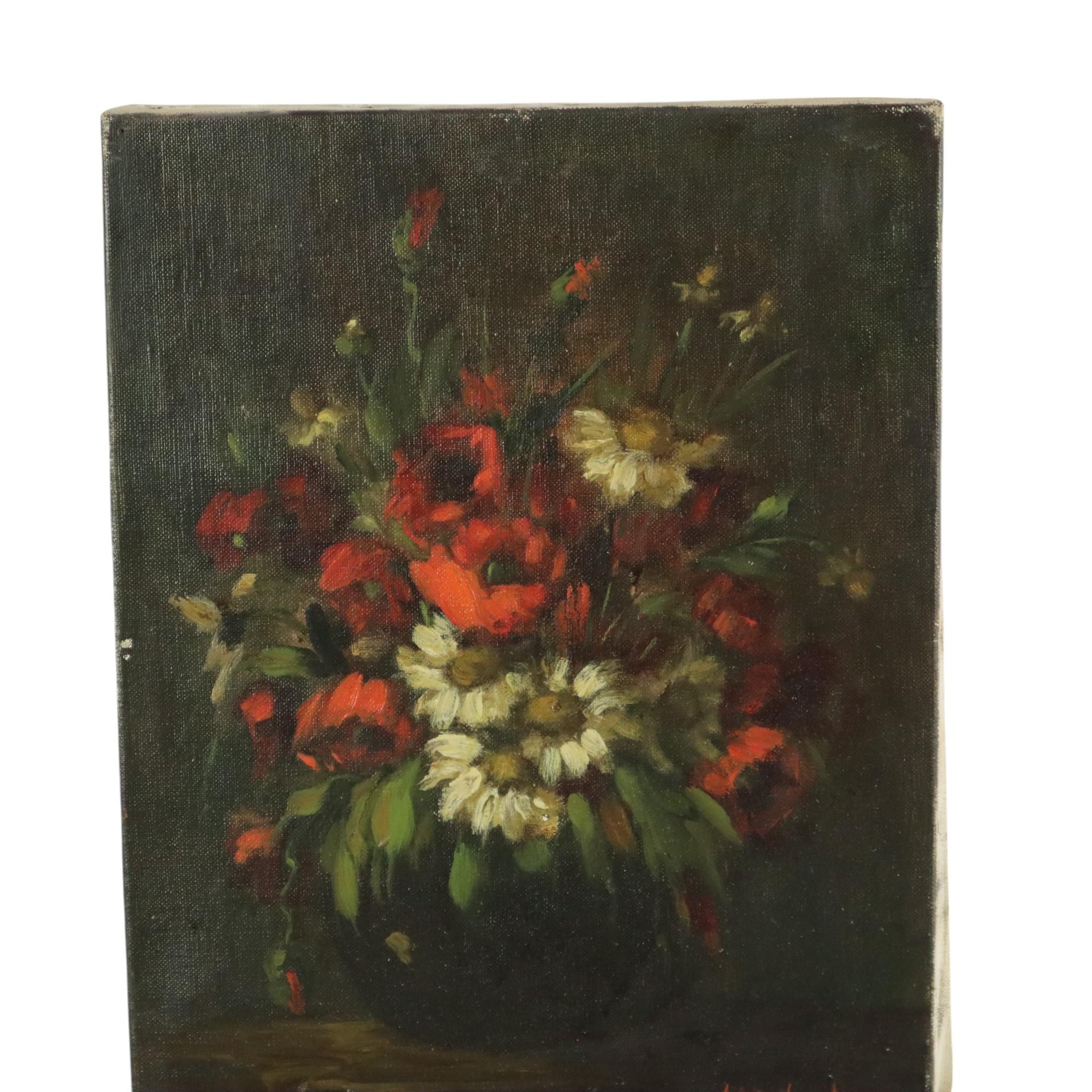 Vintage Blumenstillleben, Amateurgemälde mit roten und weißen Blumen, Öl auf Leinwand, signiert unten rechts, aber schwer lesbar, Aufschrift auf der Rückseite Desmedt, Stationsstraat Bissegem, geschätzte zweite Hälfte des 20. Jahrhunderts,