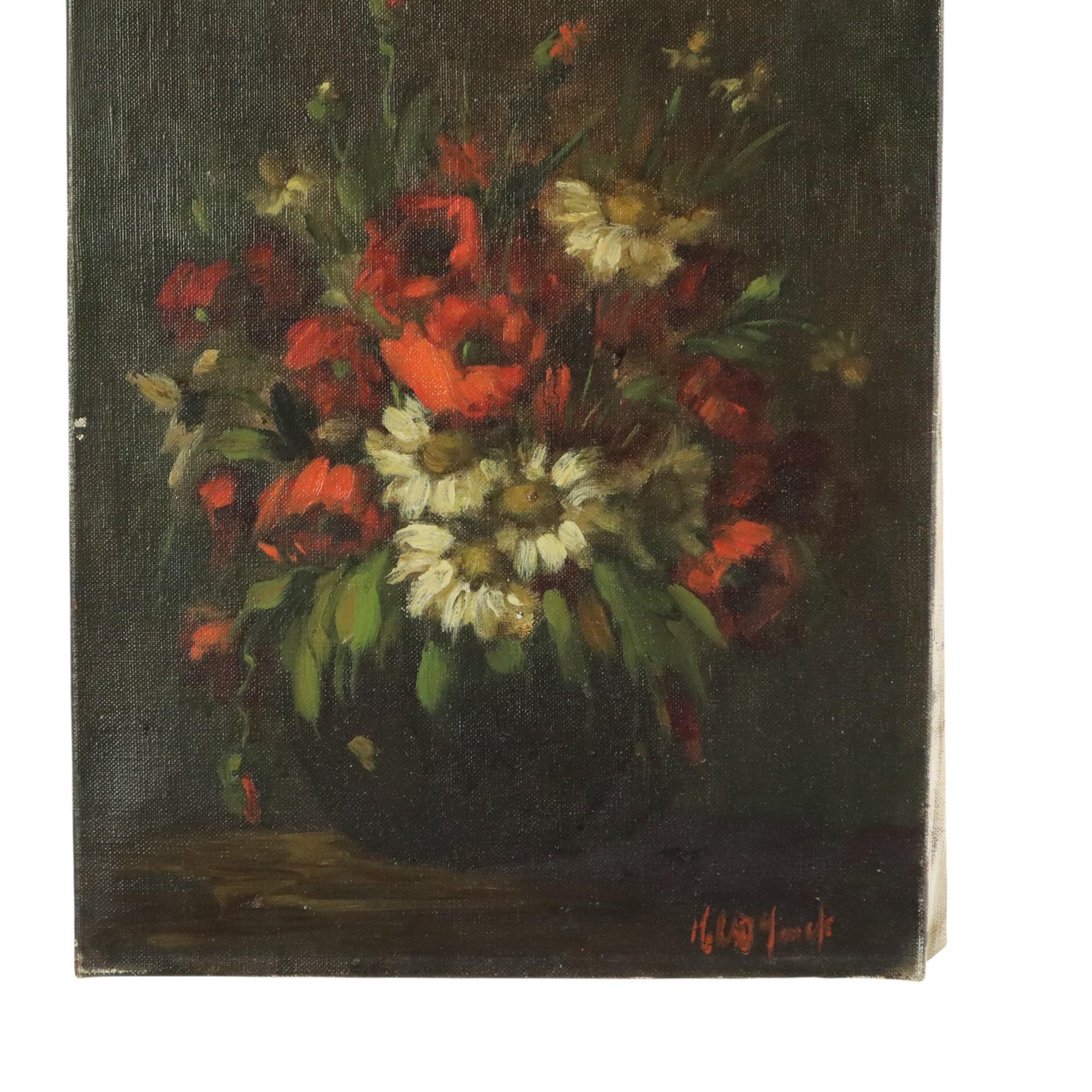 Blumen Stillleben Öl auf Leinwand Amateur signiert (Belgisch) im Angebot