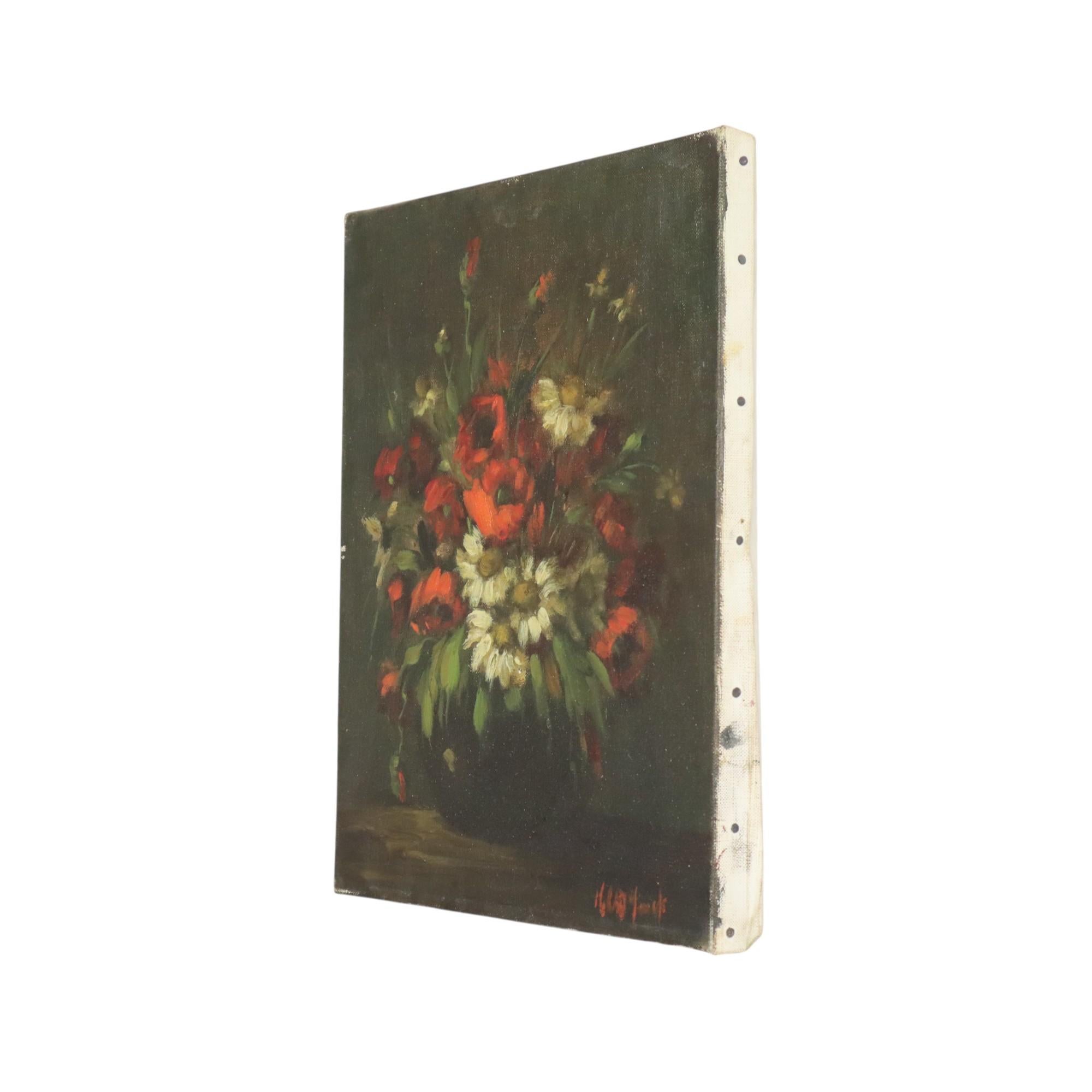 Blumen Stillleben Öl auf Leinwand Amateur signiert (20. Jahrhundert) im Angebot