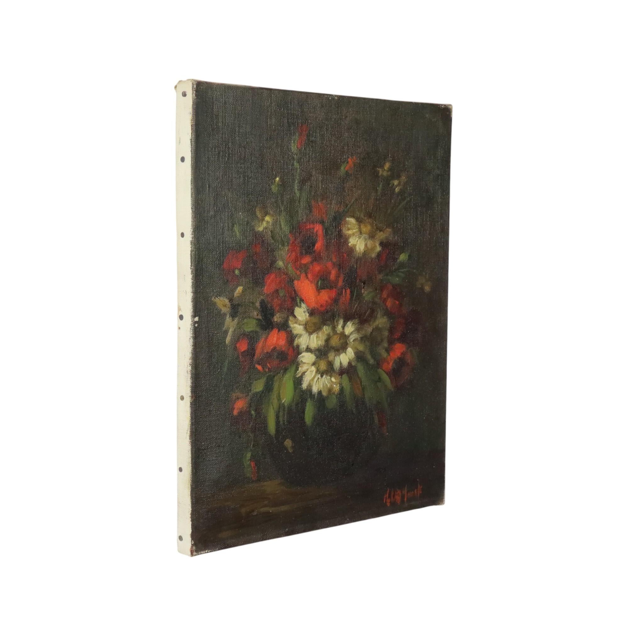 Blumen Stillleben Öl auf Leinwand Amateur signiert im Angebot 1