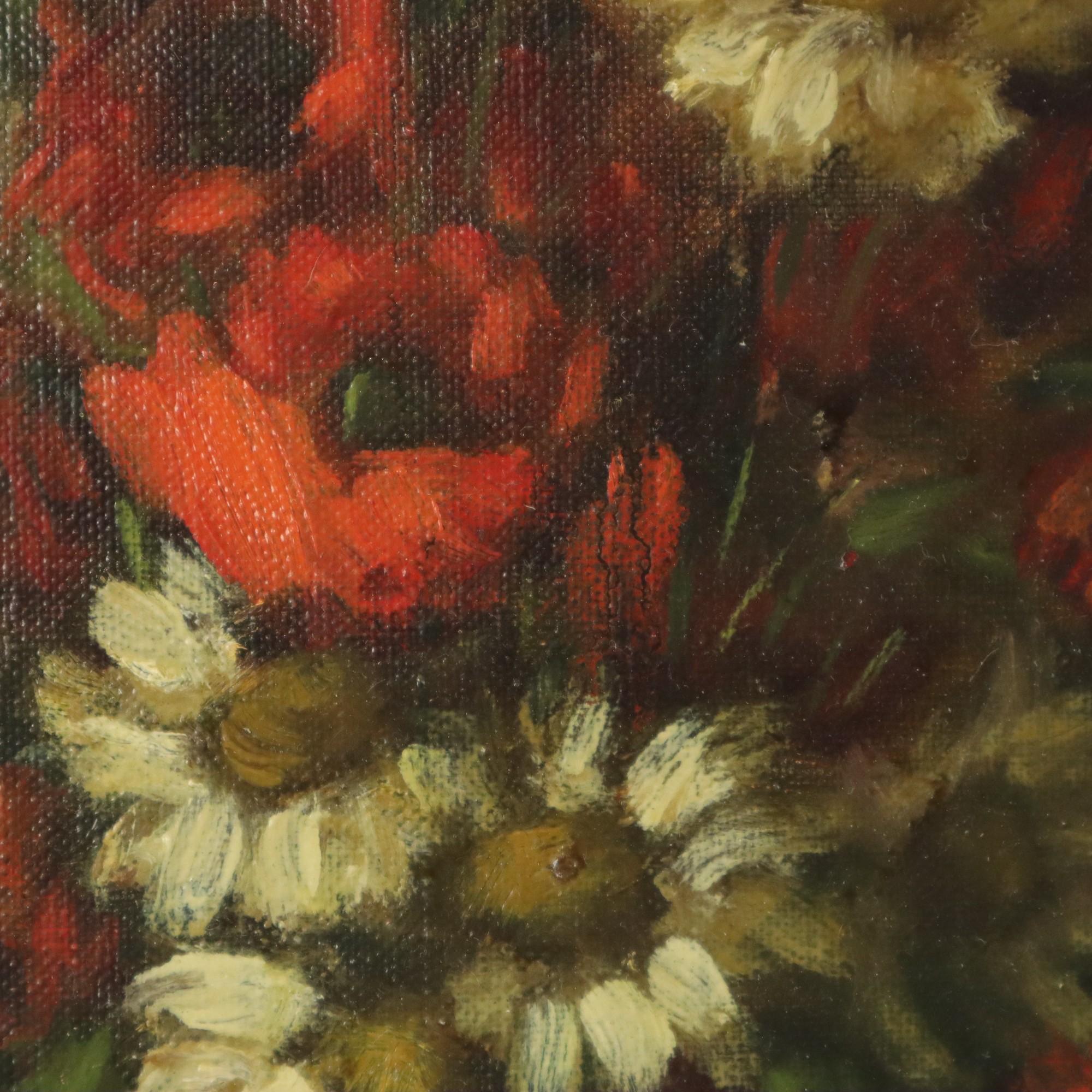 Blumen Stillleben Öl auf Leinwand Amateur signiert im Angebot 2