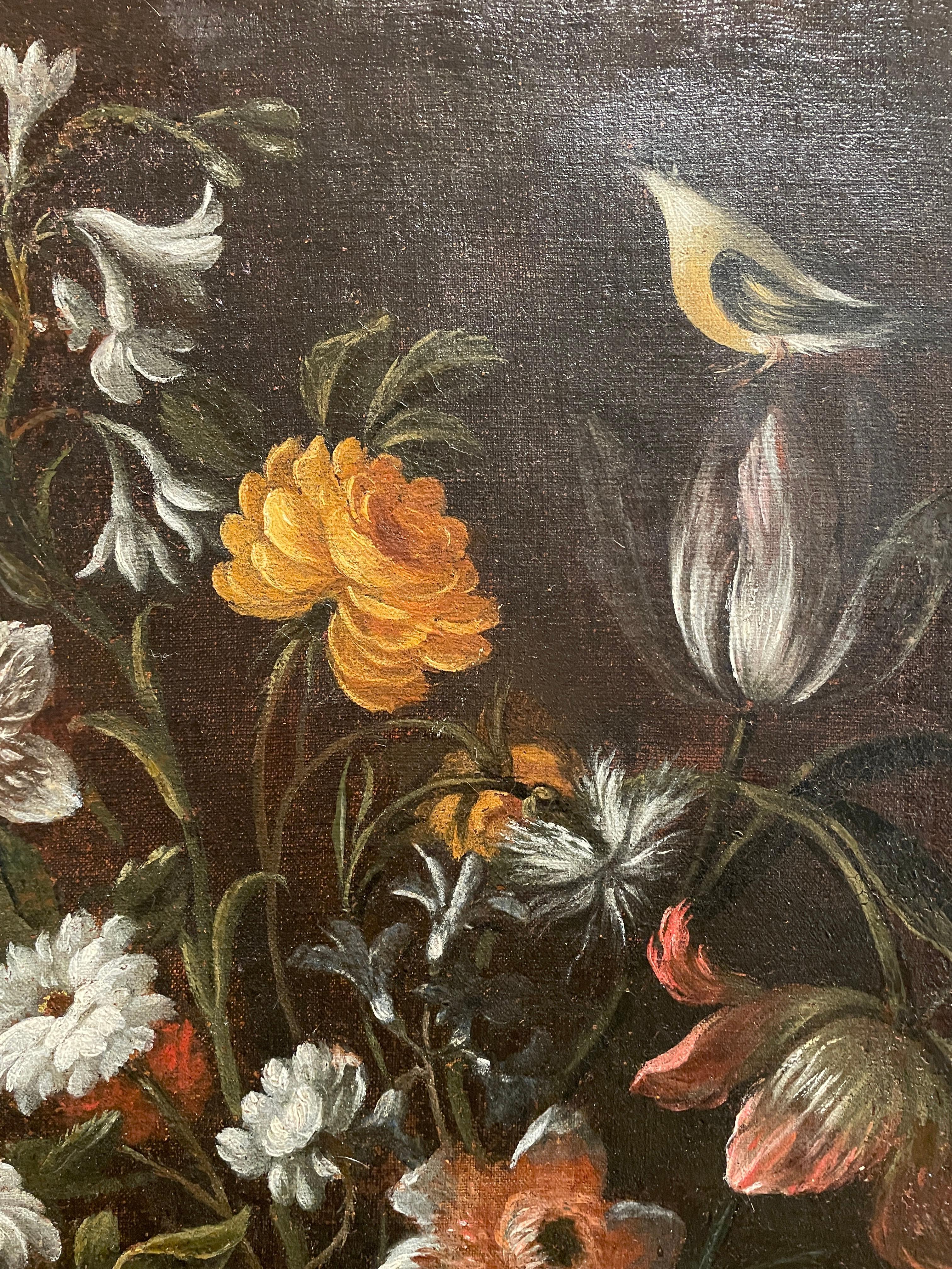 Coppia di Nature morte di FIori Frutta e Uccelli Due Dipinti Italiani 1650 circa en vente 2