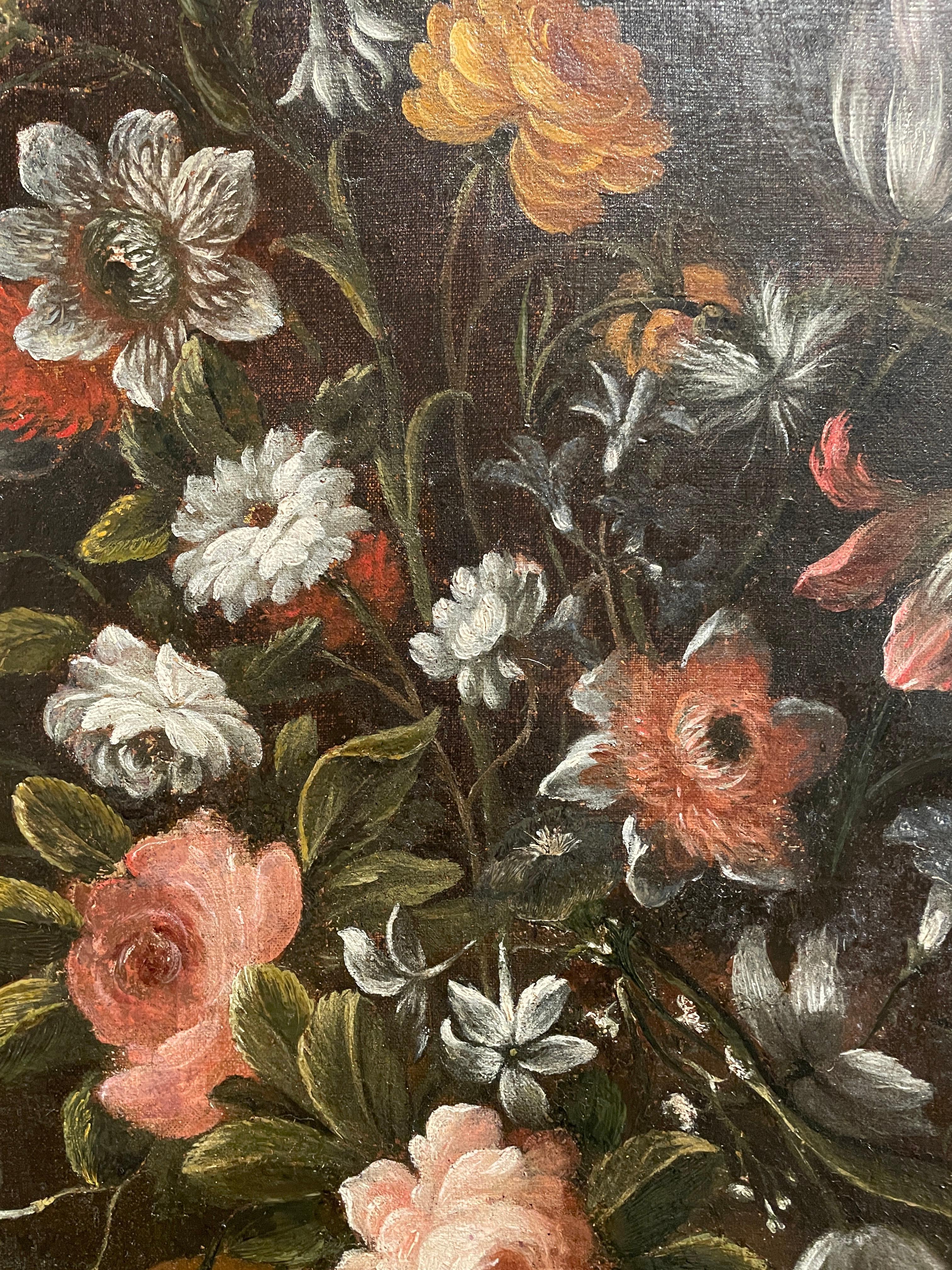 Coppia di Nature morte di FIori Frutta e Uccelli Due Dipinti Italiani 1650 circa en vente 3