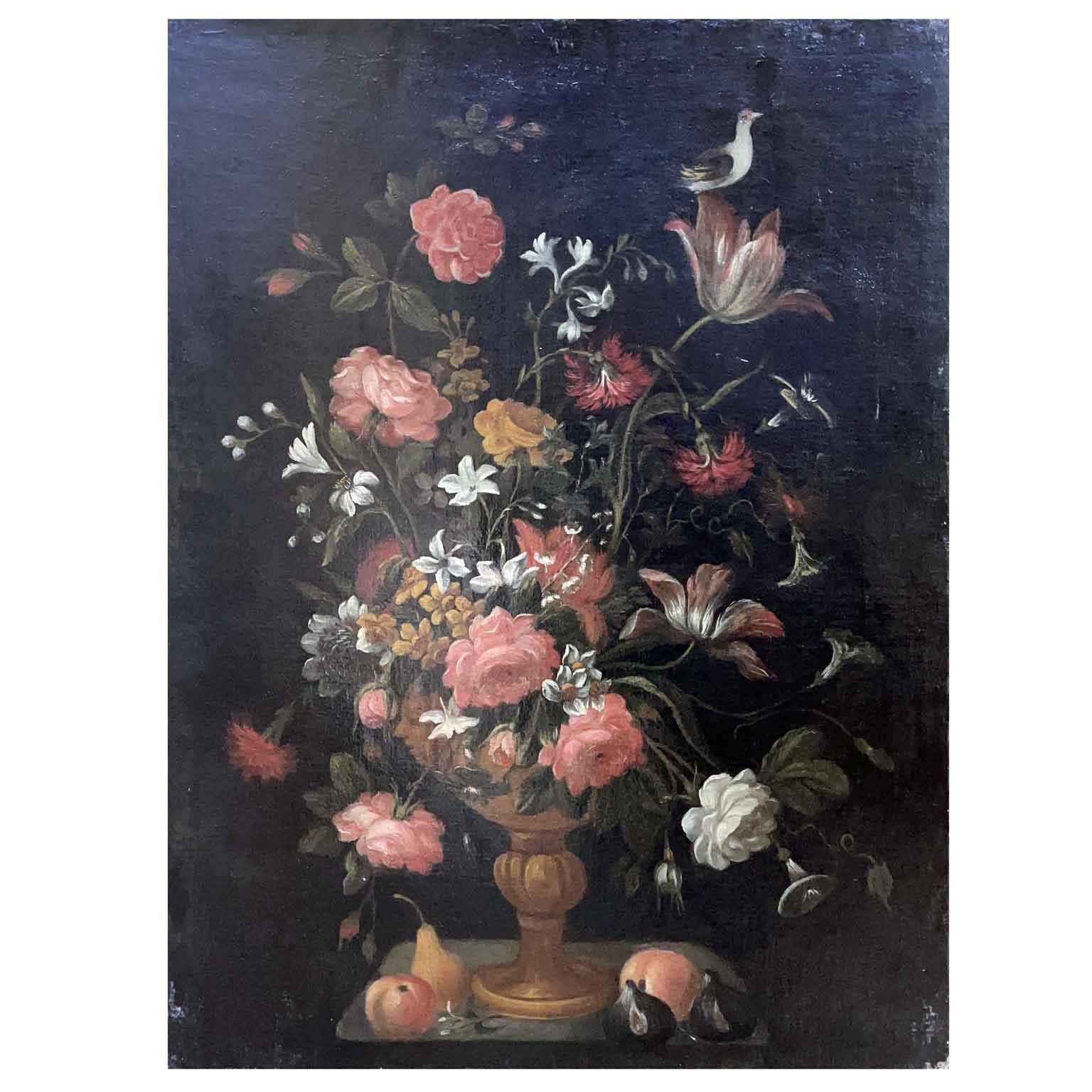 Baroque Coppia di Nature morte di FIori Frutta e Uccelli Due Dipinti Italiani 1650 circa For Sale