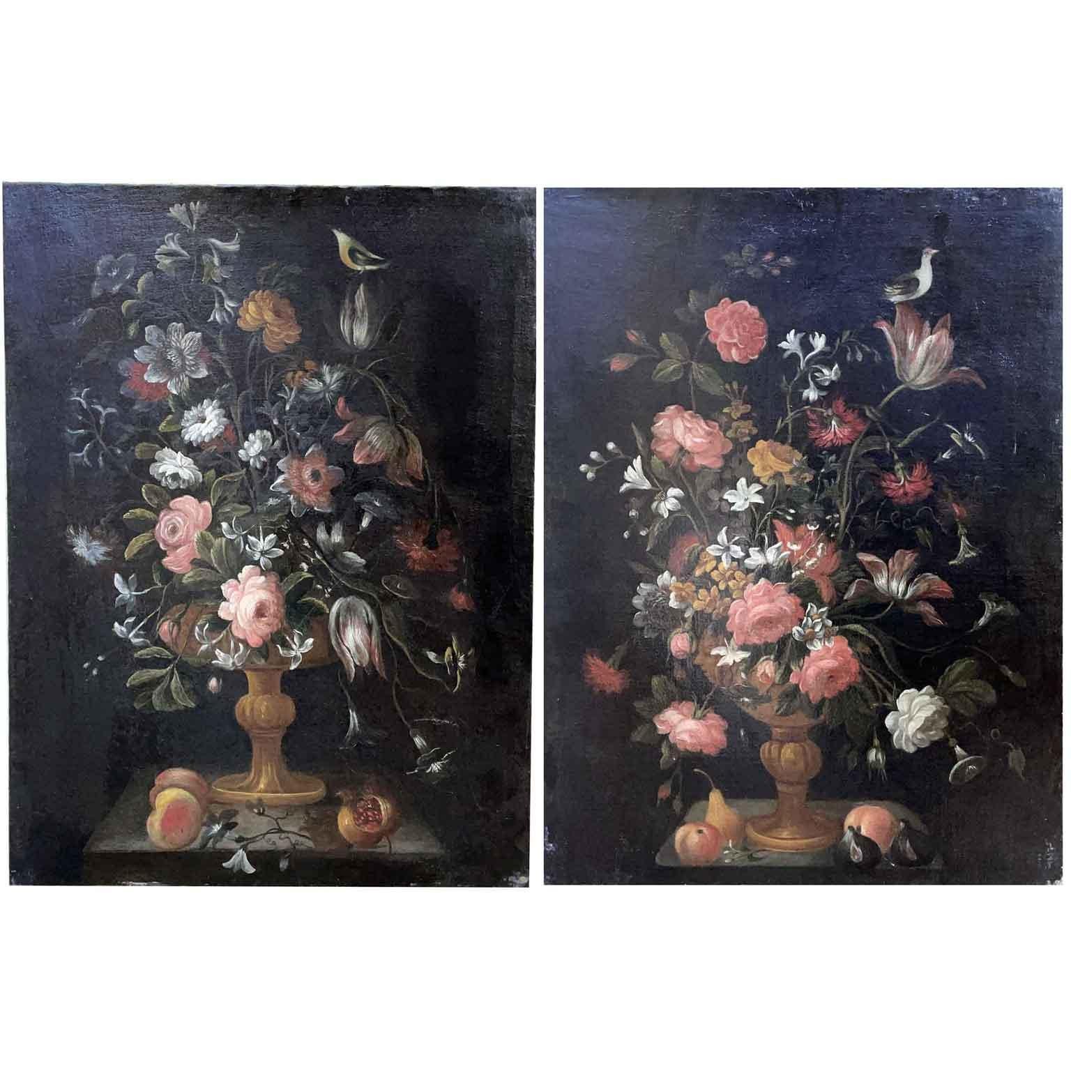 Coppia di Nature morte di FIori Frutta e Uccelli Due Dipinti Italiani 1650 circa Barroco en venta