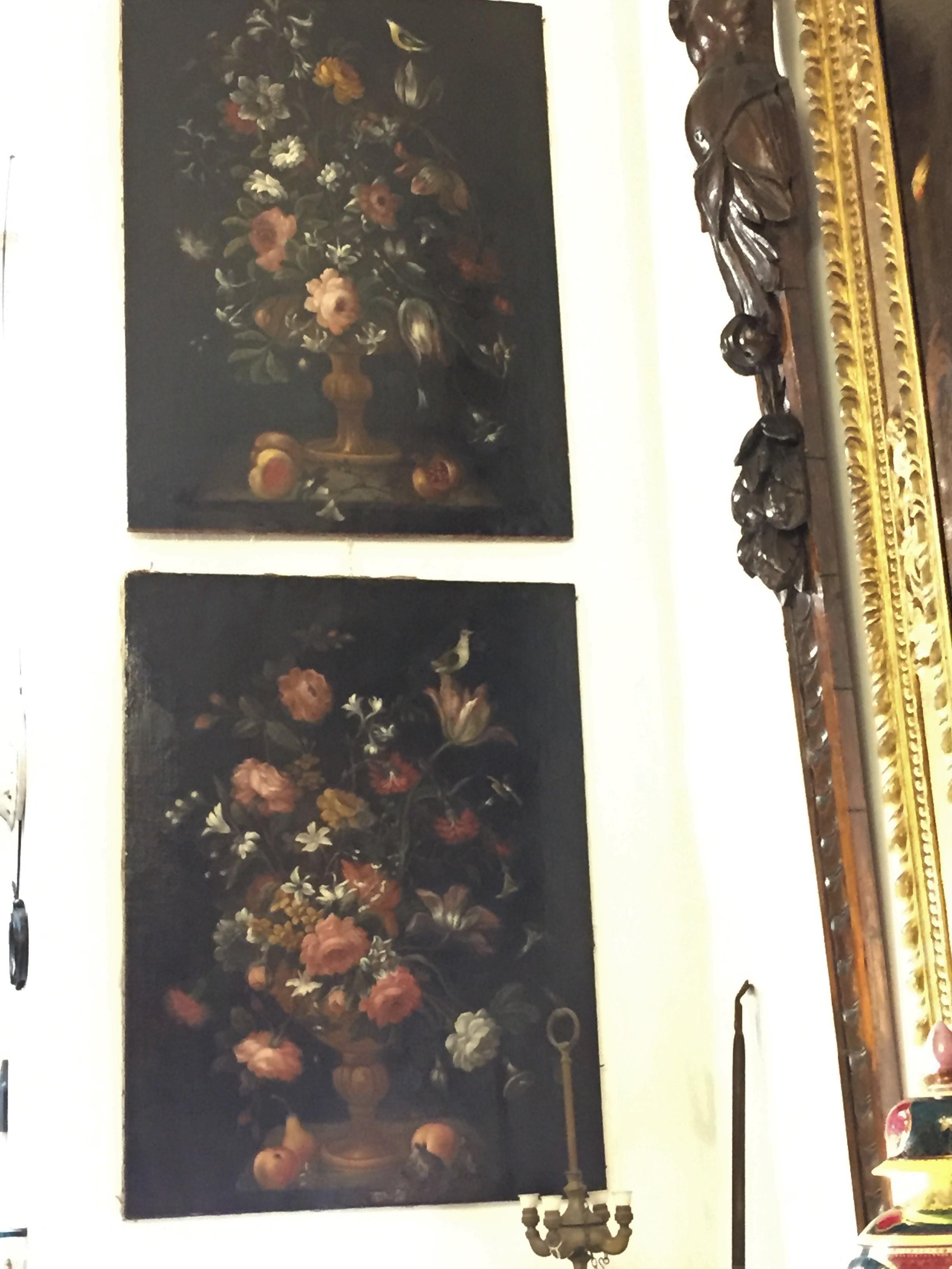 18th Century and Earlier Flowers Still Life Pair of 17th Century  Italian School Paintings Unframed  For Sale