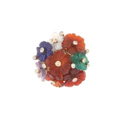 Flowers Stones Diamonds 14 Karat Yellow Gold Cocktail Ring