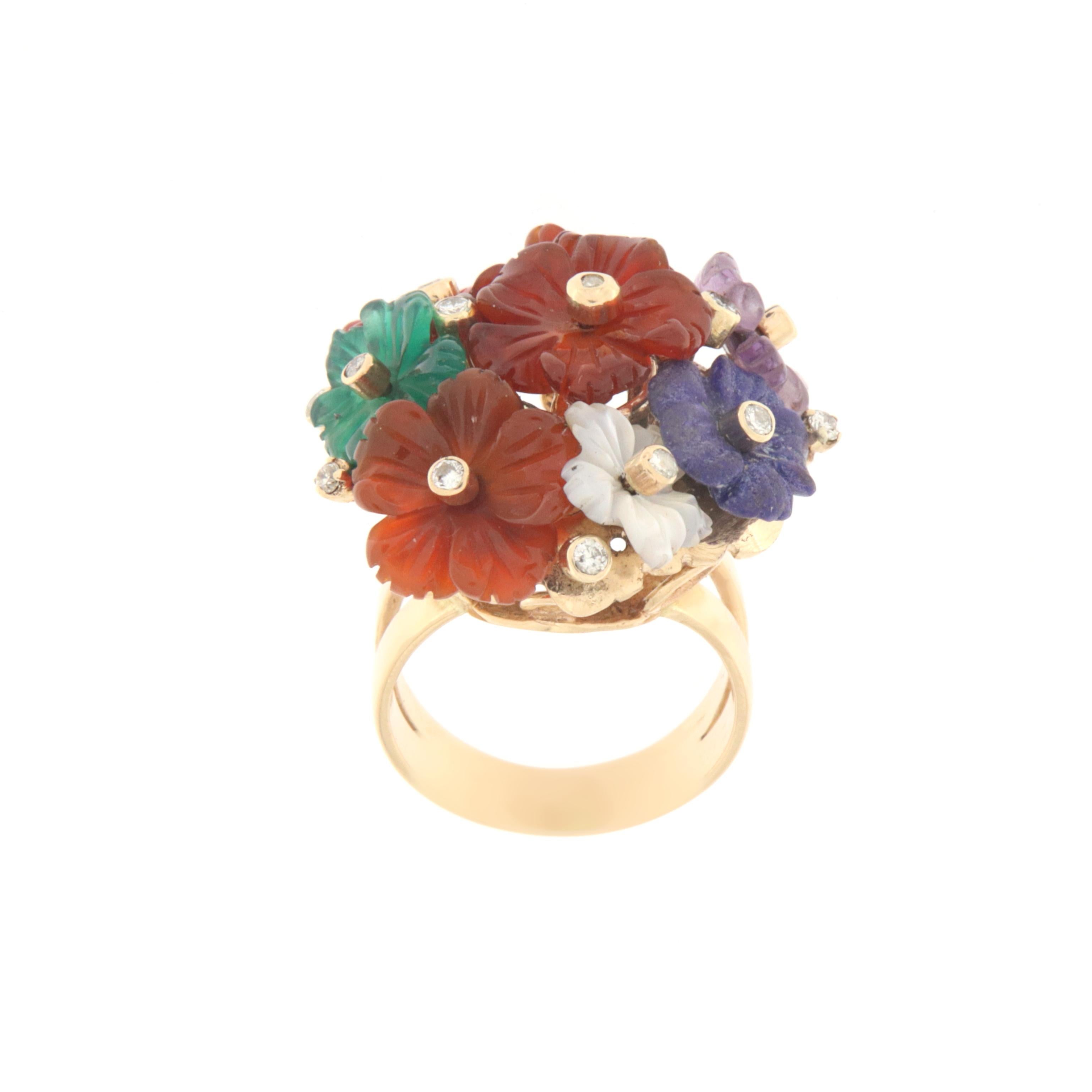 Artisan Flowers Stones Diamonds 14 Karat Yellow Gold Cocktail Ring For Sale