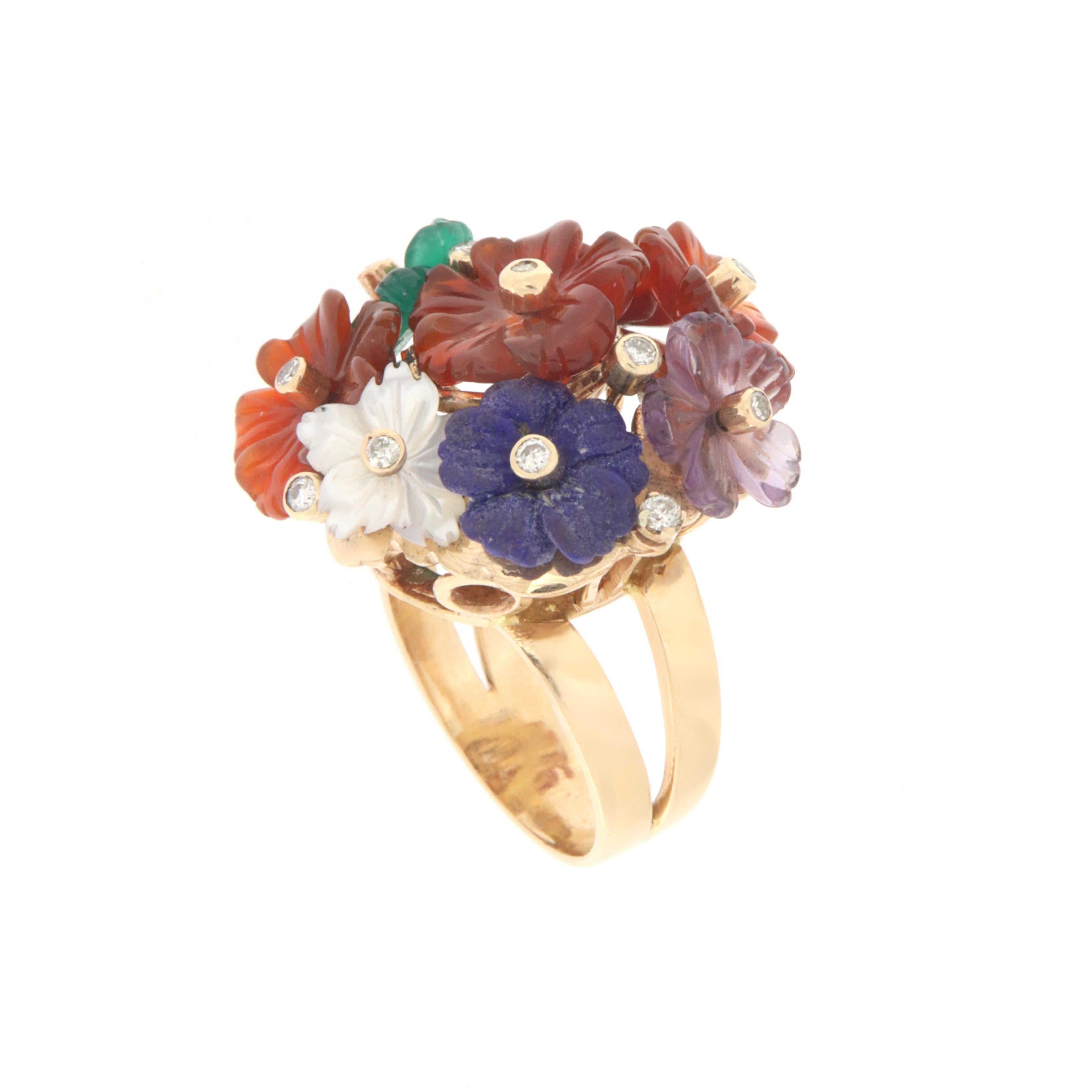 Flowers Stones Diamonds 14 Karat Yellow Gold Cocktail Ring In New Condition For Sale In Marcianise, IT