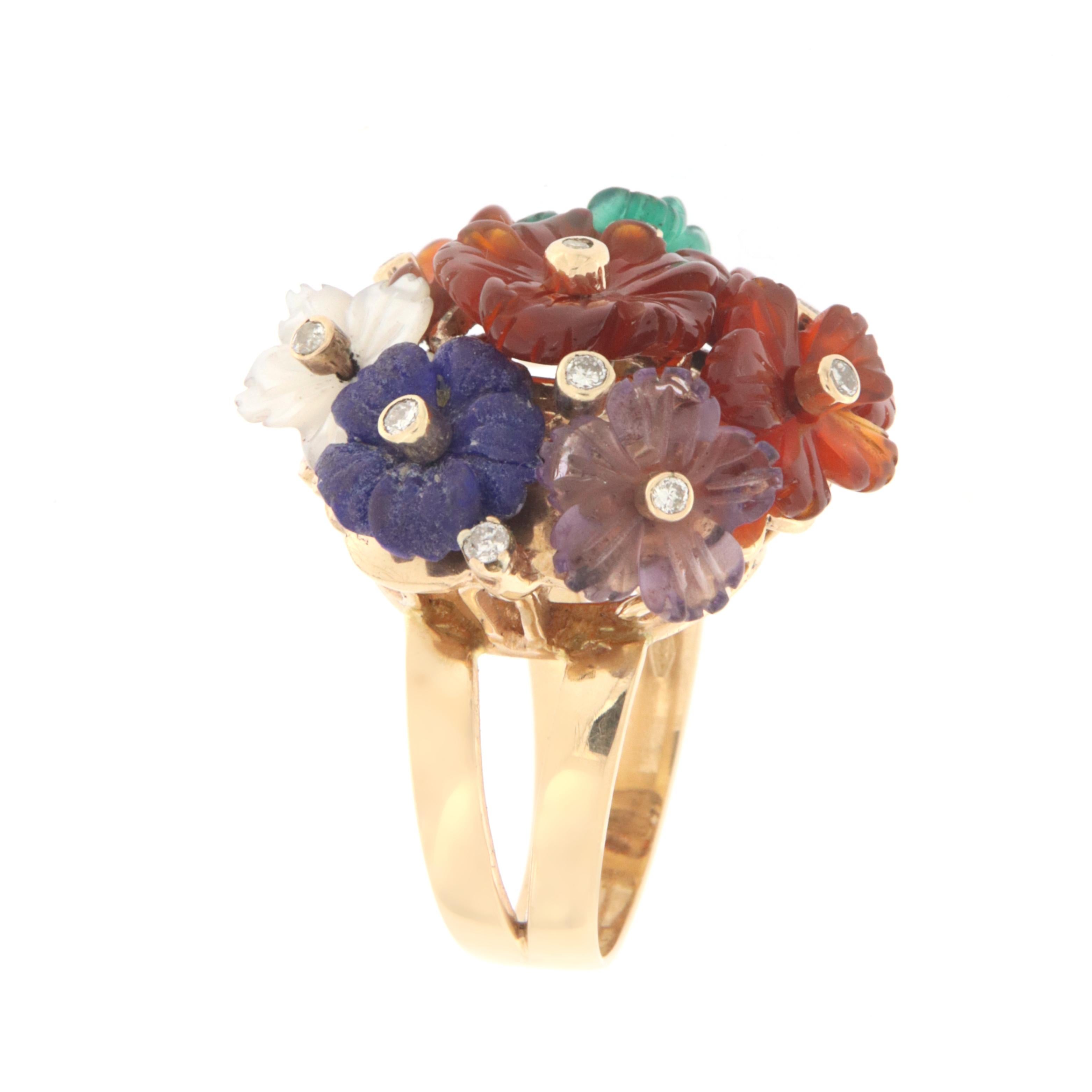 Women's Flowers Stones Diamonds 14 Karat Yellow Gold Cocktail Ring For Sale