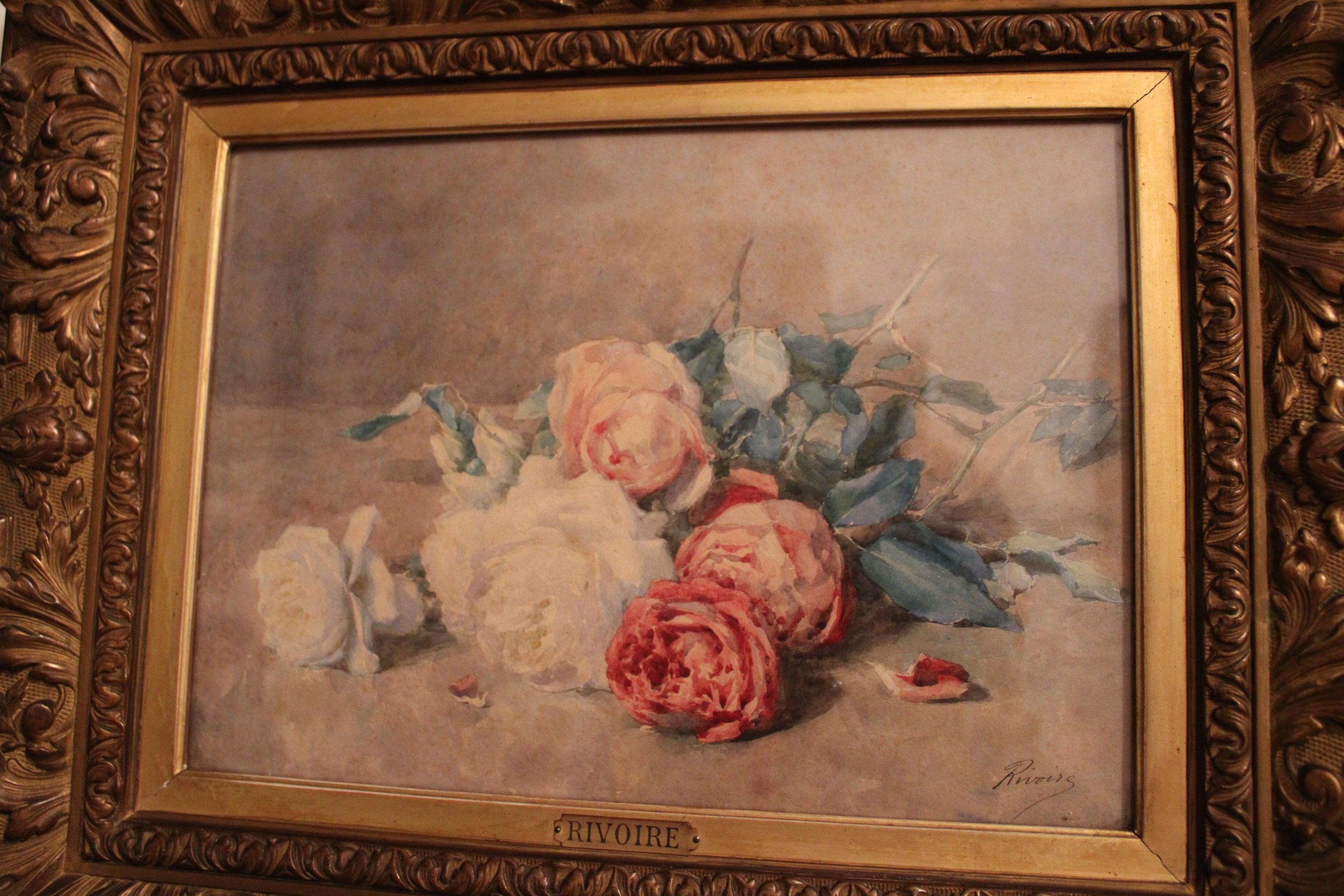 Flowers, Watercolor by François Rivoire, France 19th Century In Good Condition For Sale In Paris, FR