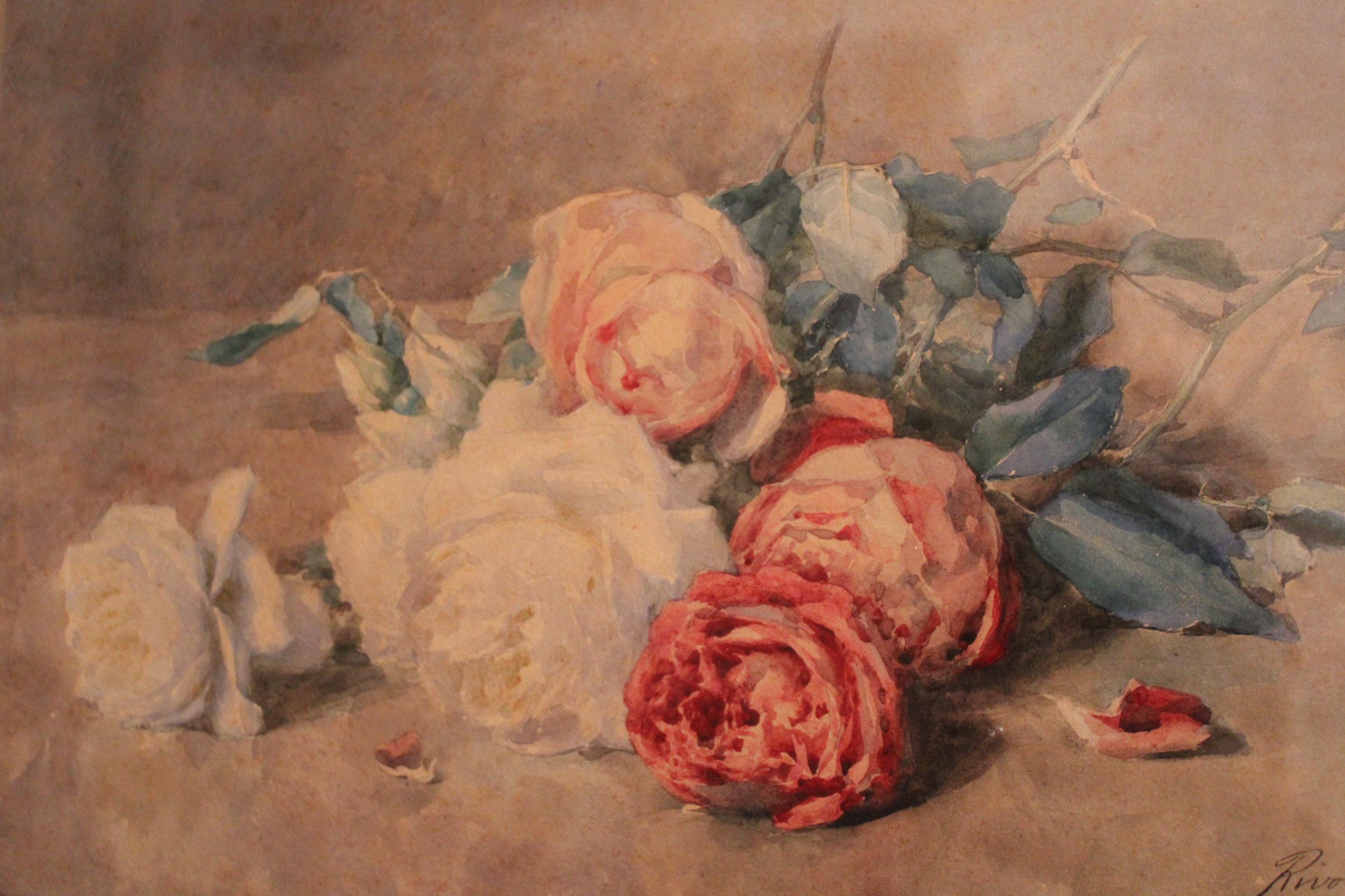Paint Flowers, Watercolor by François Rivoire, France 19th Century For Sale
