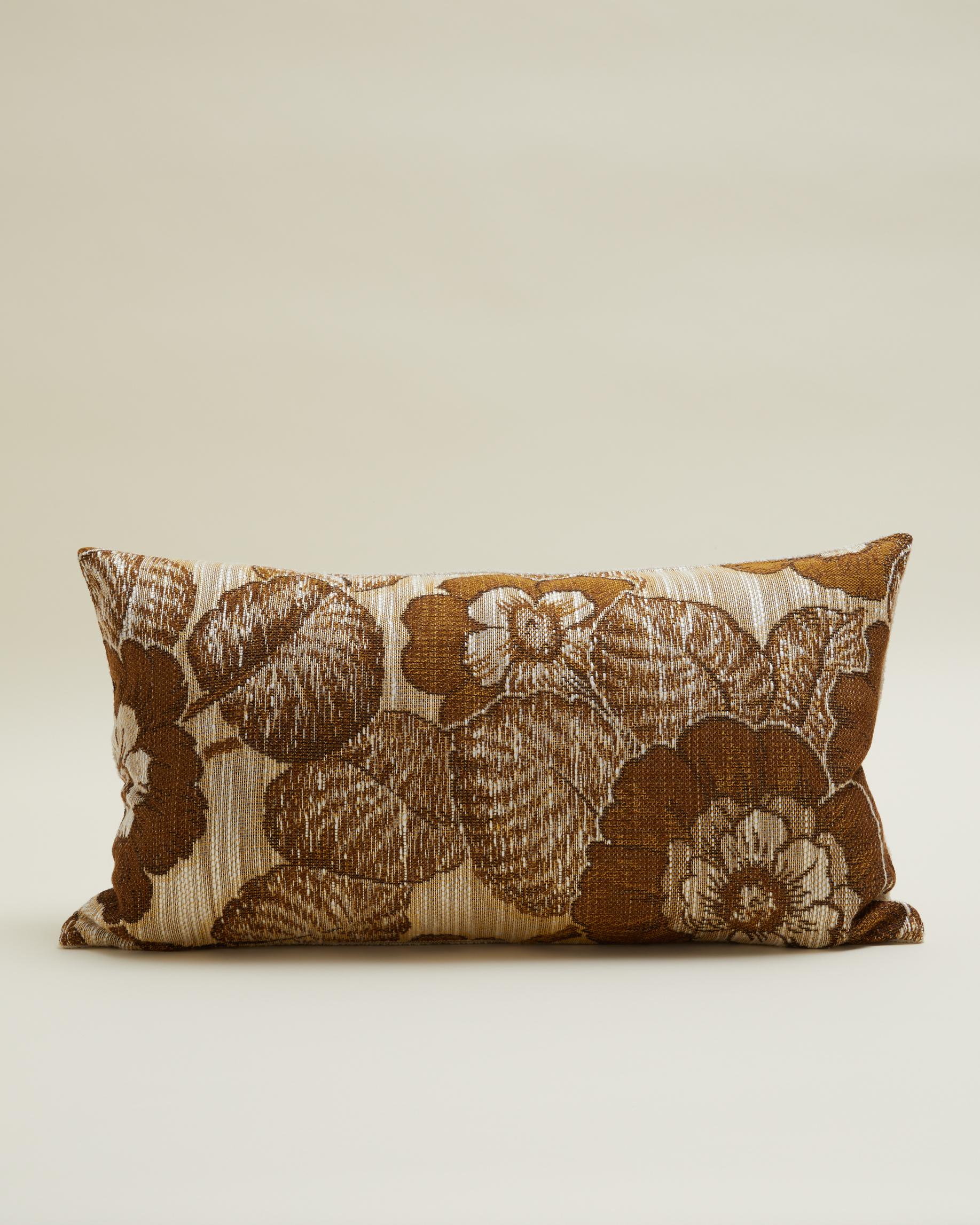 Woven Flowery Pillow in Brown and White Vintage Fabric 70x40cm For Sale
