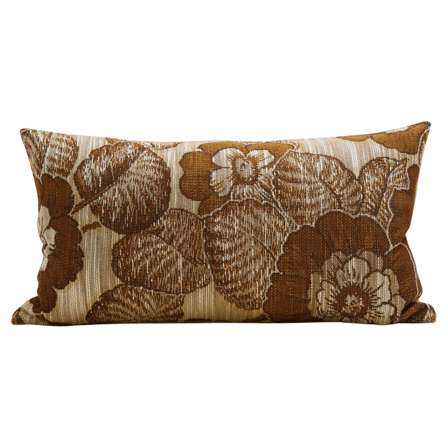 Flowery Pillow in Brown and White Vintage Fabric 70x40cm For Sale