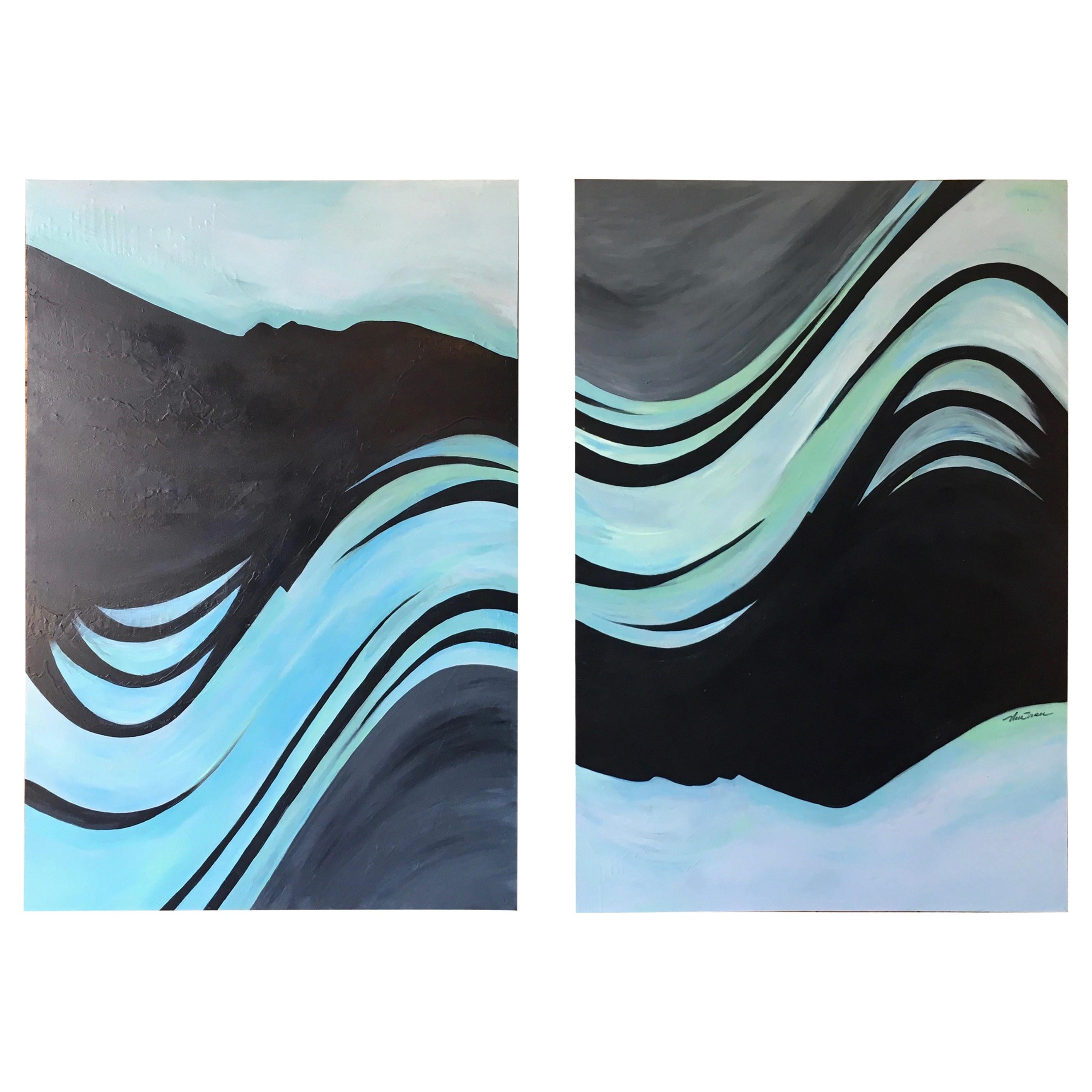 Flowing Lines of Blue "Diptych" Painting