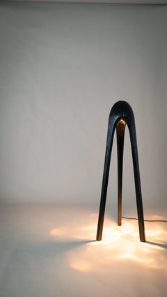 Flowlight Design Hand-Carved Mid-Century Curated Wood Floor Lamp GUARDIAN, Black